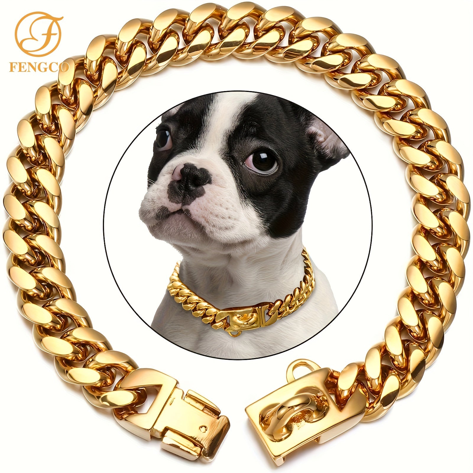Stainless Steel Dog Collar with Gold Chain Waterproof Anti-Chew Durable Pet Accessory