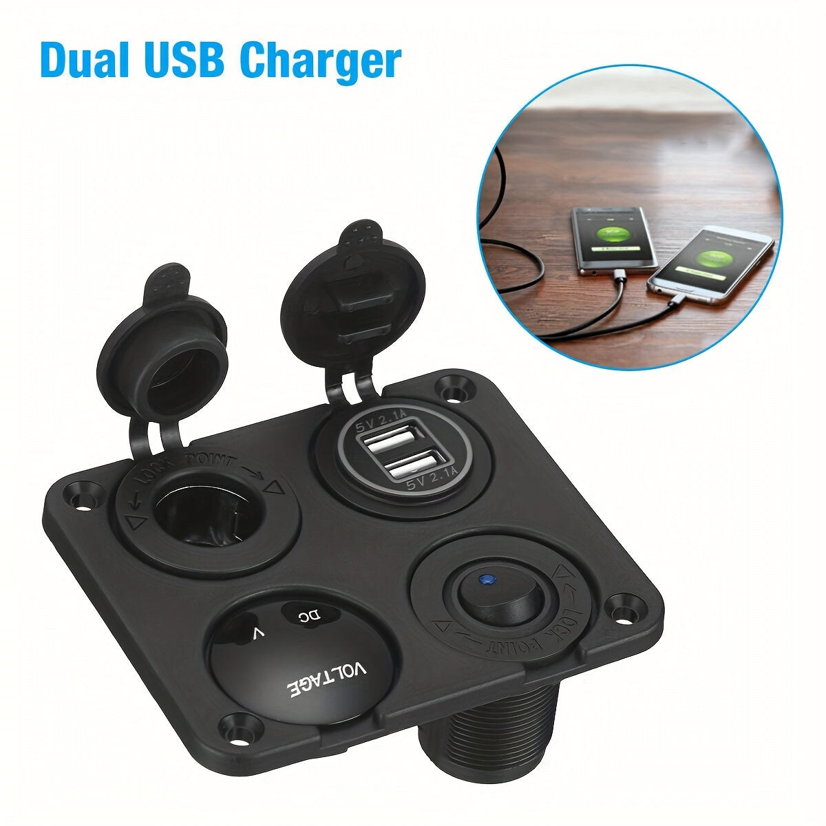 Dual USB Charger for 4-Gang 12V Outlets with LED Voltmeter and Wall Mount
