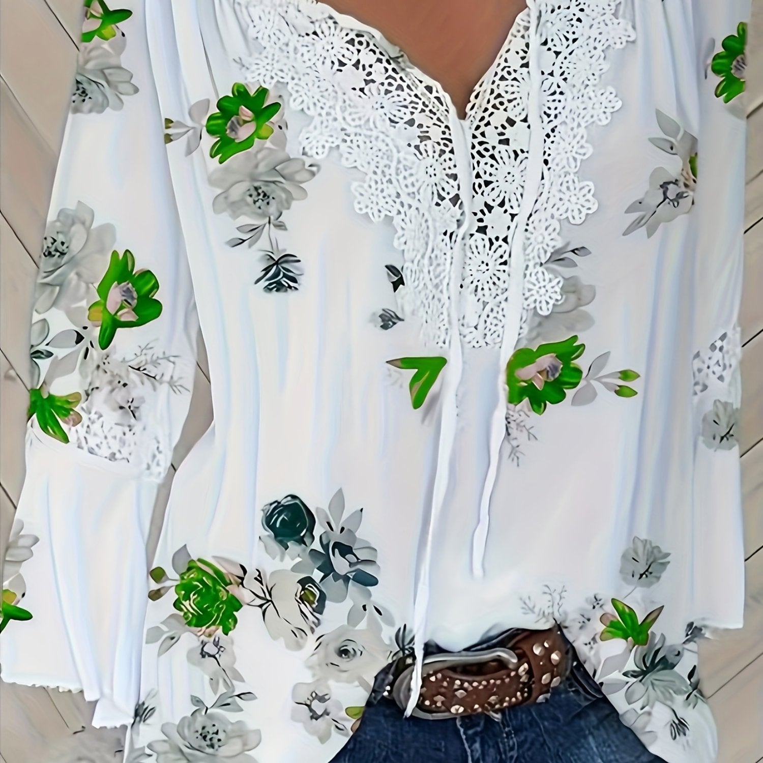 Plus Size Floral Print Blouse Lace Ruffle Neck Casual Top