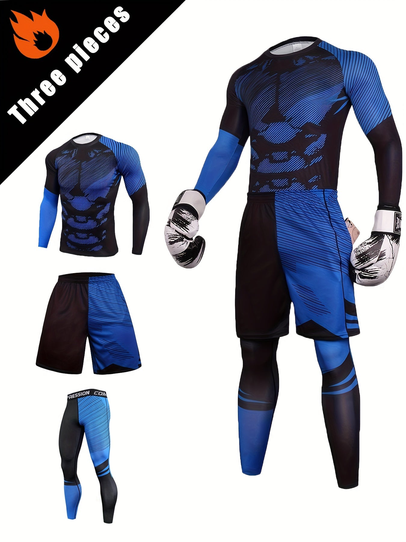 Men's Quick-Drying Sports Suit 3-Piece Long Sleeve Compression T-Shirt Shorts Leggings
