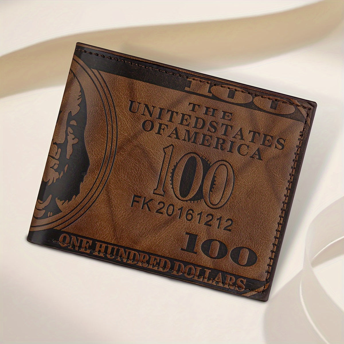 Vintage Faux Leather Wallet with $100 Bill Design, Multi-Card Slots, Black Short Double-Fold