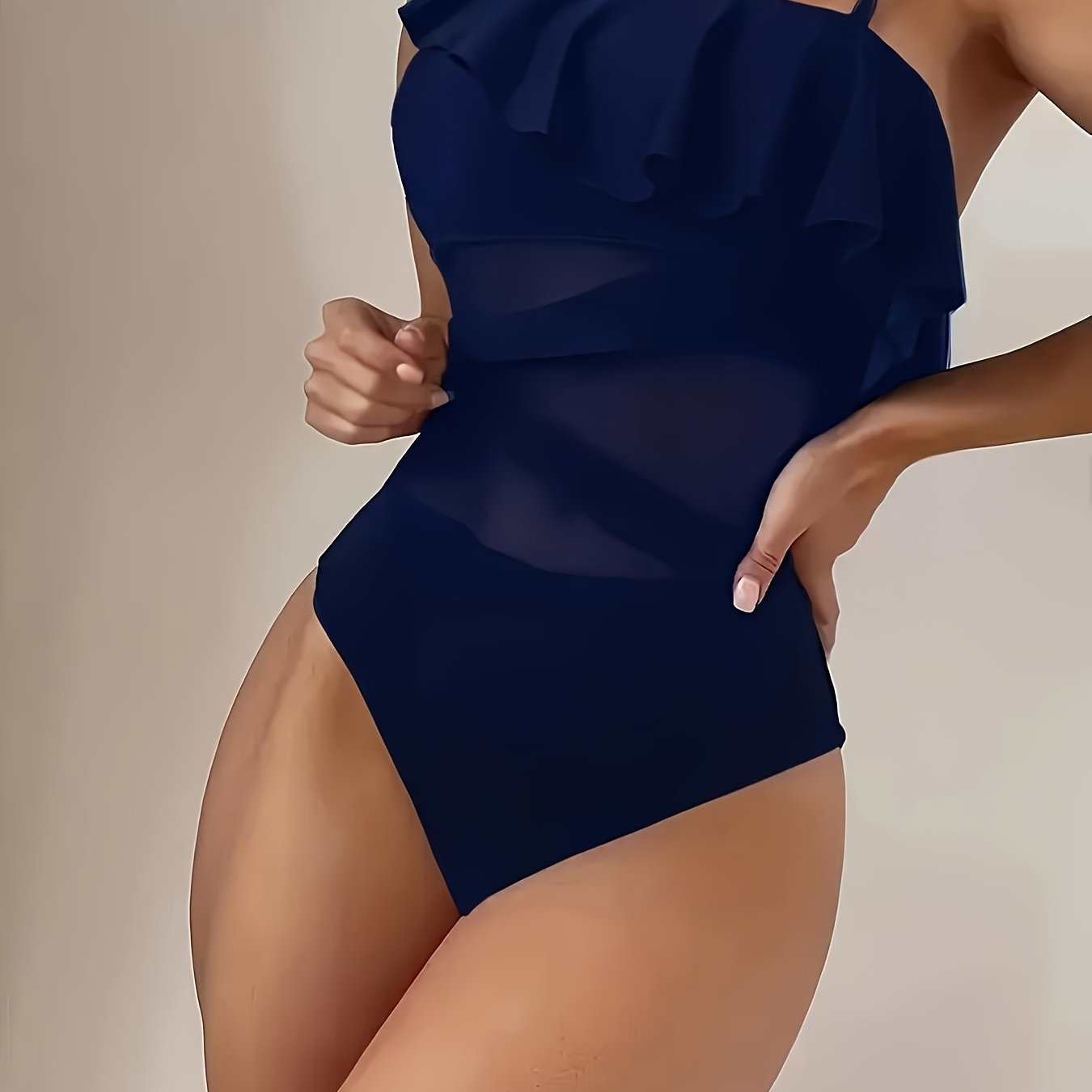 Women's Black One-Piece Swimsuit with One-Shoulder Mesh and Ruffle Details