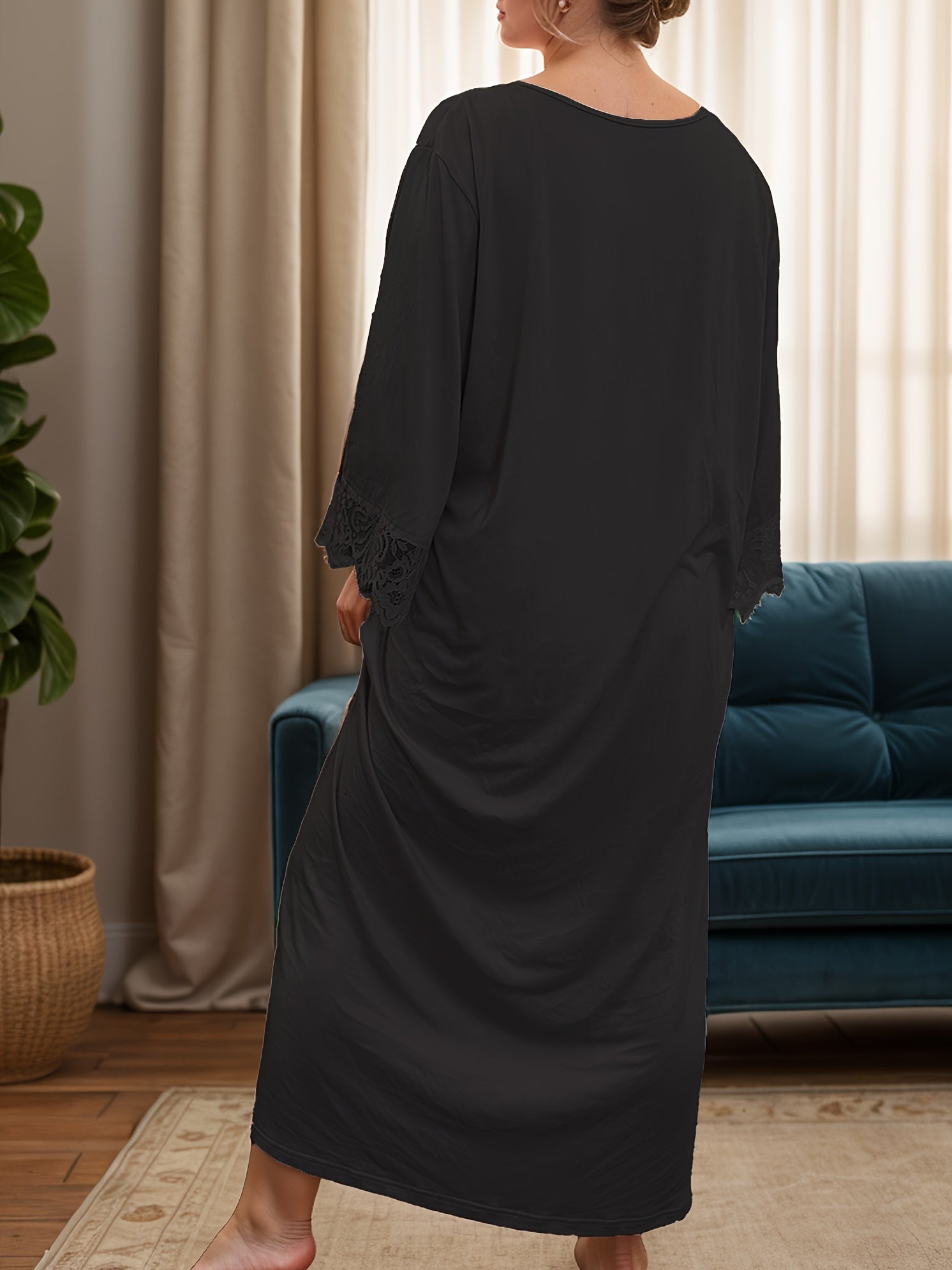 Plus Size Women's Satin Nightgown With Contrast Lace Cap Sleeve