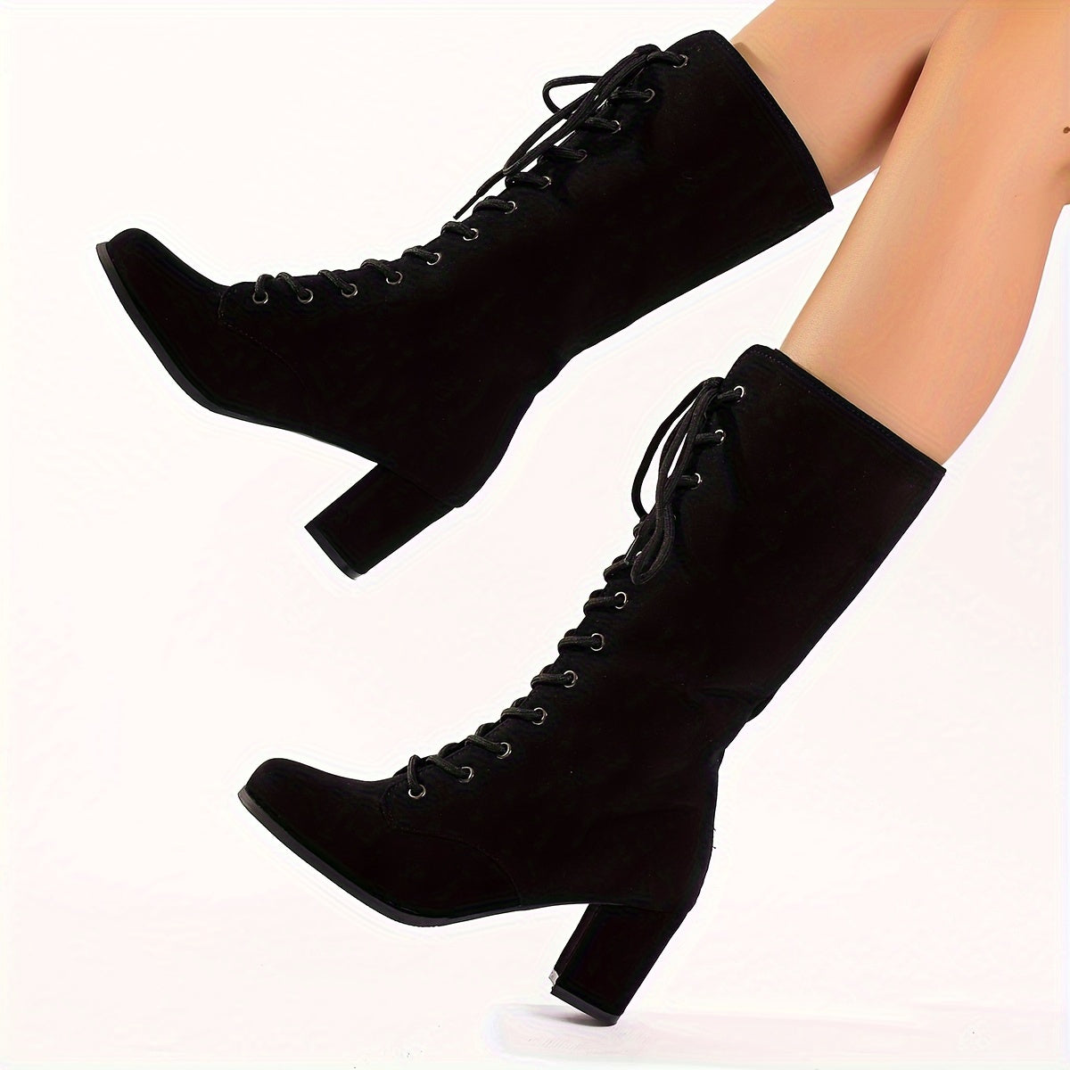 Women's Solid Color Lace-Up Casual Chunky Heel Boots