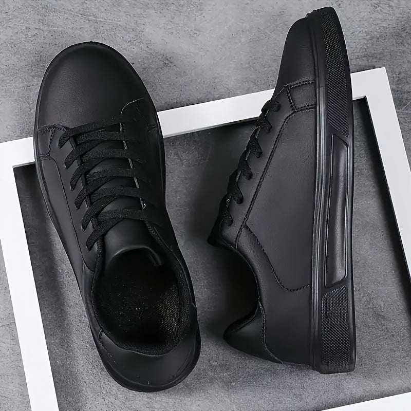 Men's Black Faux Leather Low-Top Sneakers Casual Sports Breathable EVA Sole