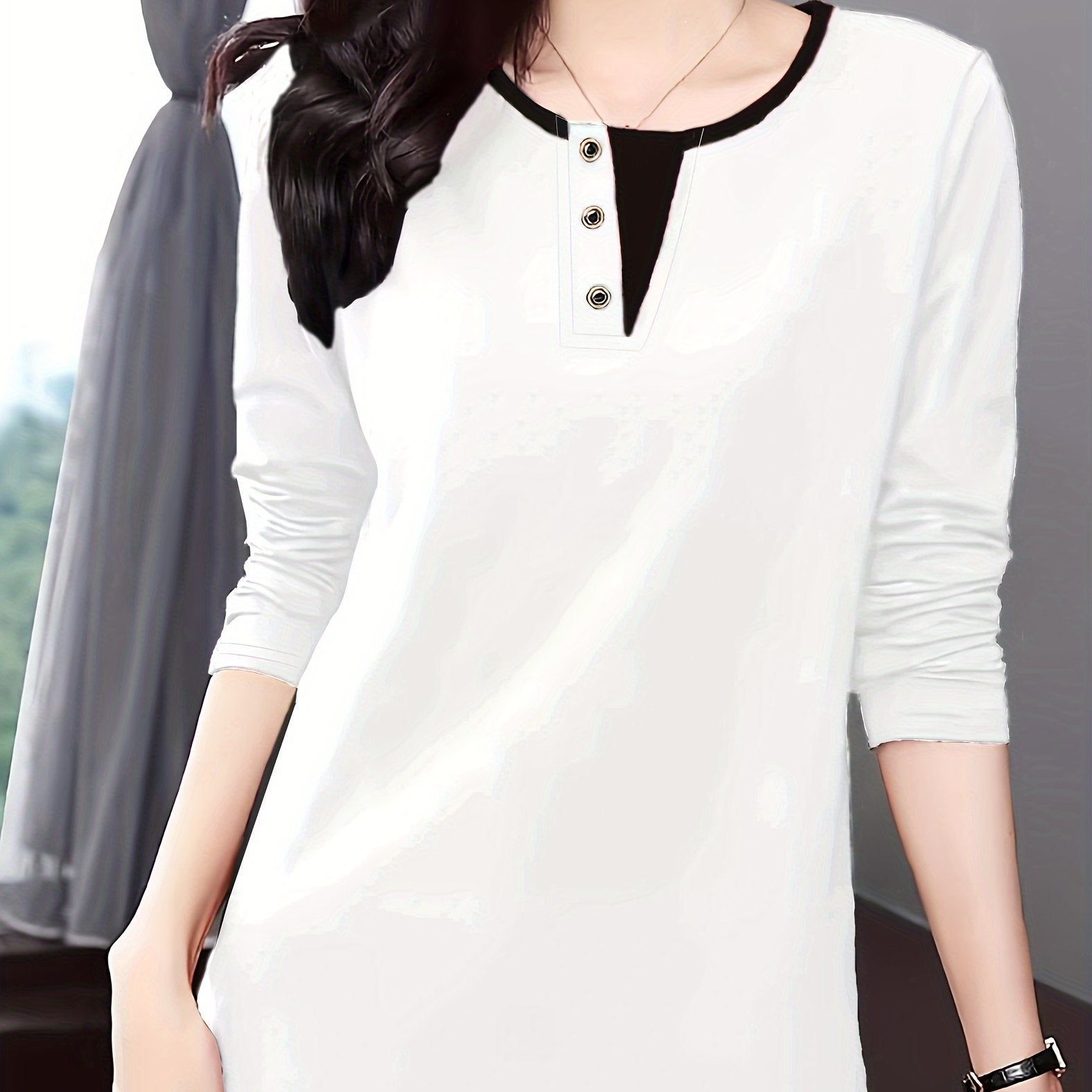 Deep Brown Long Sleeve T-Shirt for Women with Contrast Trim and Faux Button Detail Polyester Blend Spring Summer Elegant Korean Style