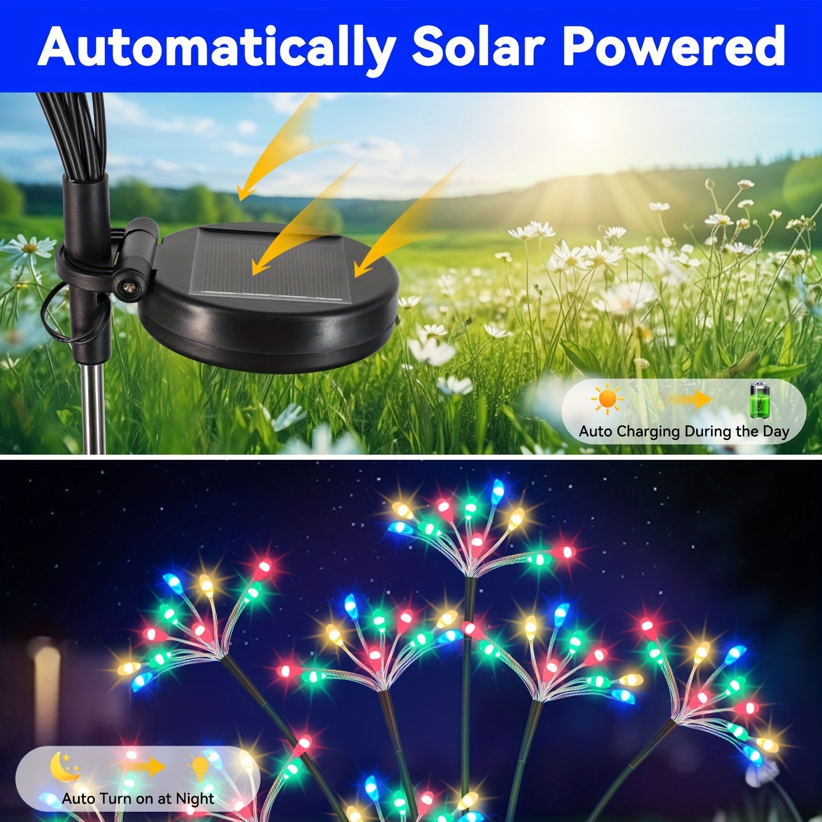 2-Pack Solar Garden Lights with Starburst Fireworks Design 160 LEDs Pathway Outdoor Waterproof