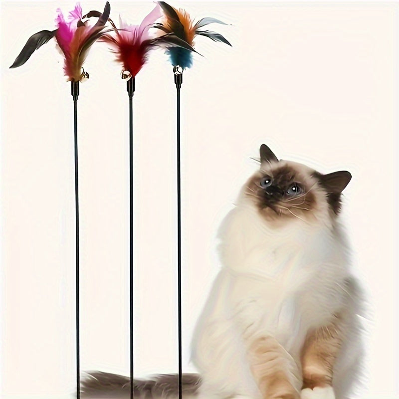 Juguete para gatos 6 campanas pluma mango de plástico teaser resistente a mordiscos para gatos