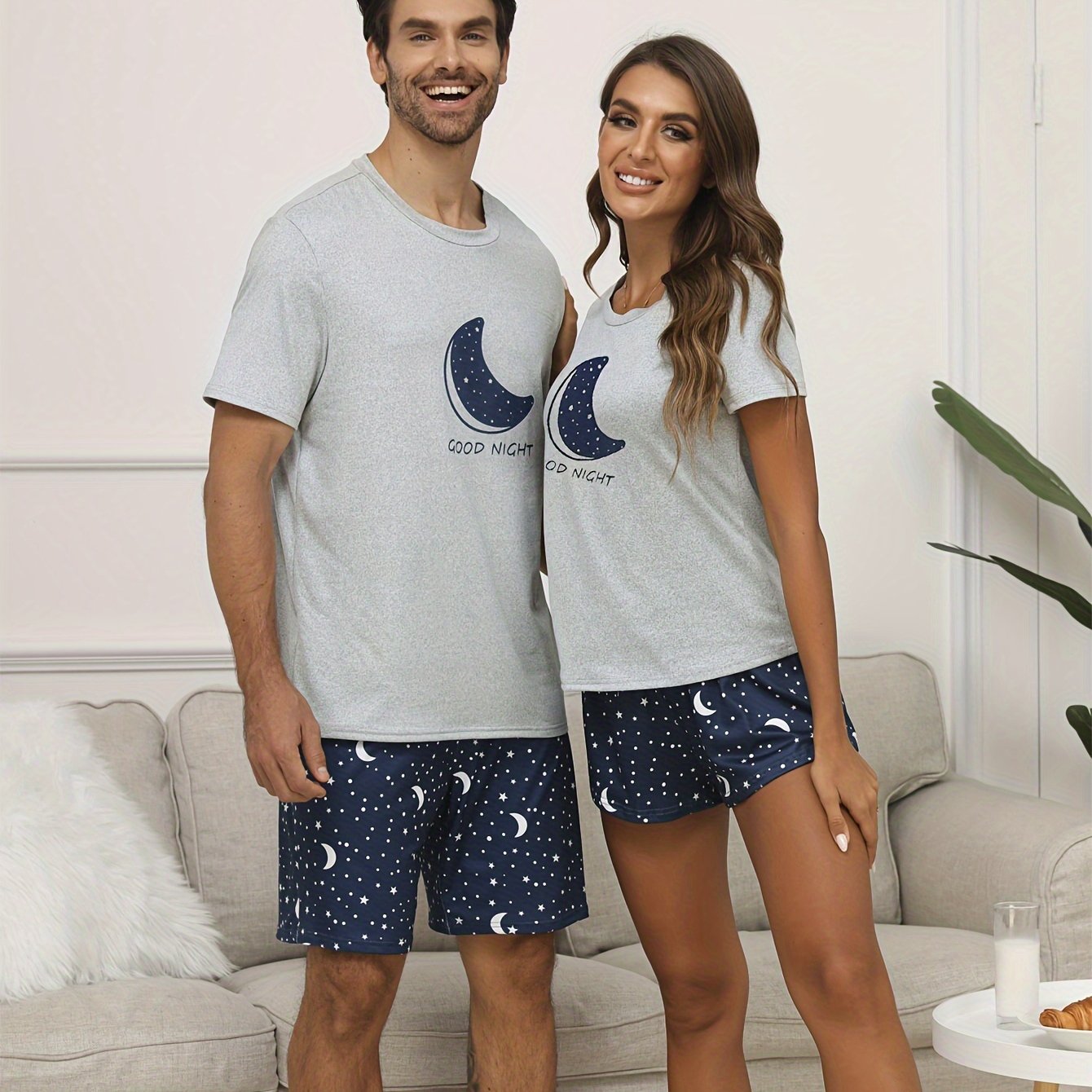 Men's Short Sleeve Galaxy Moon Print Pajama Set Polyester Casual Sleepwear