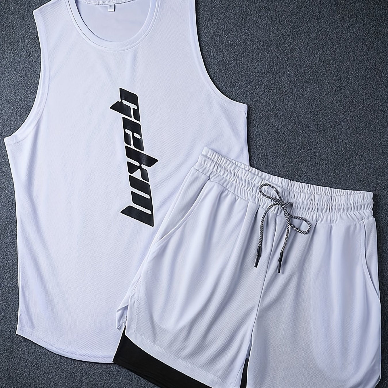 Men's Polyester Basketball Outfit Letter Print Tank Top and Loose Shorts Set