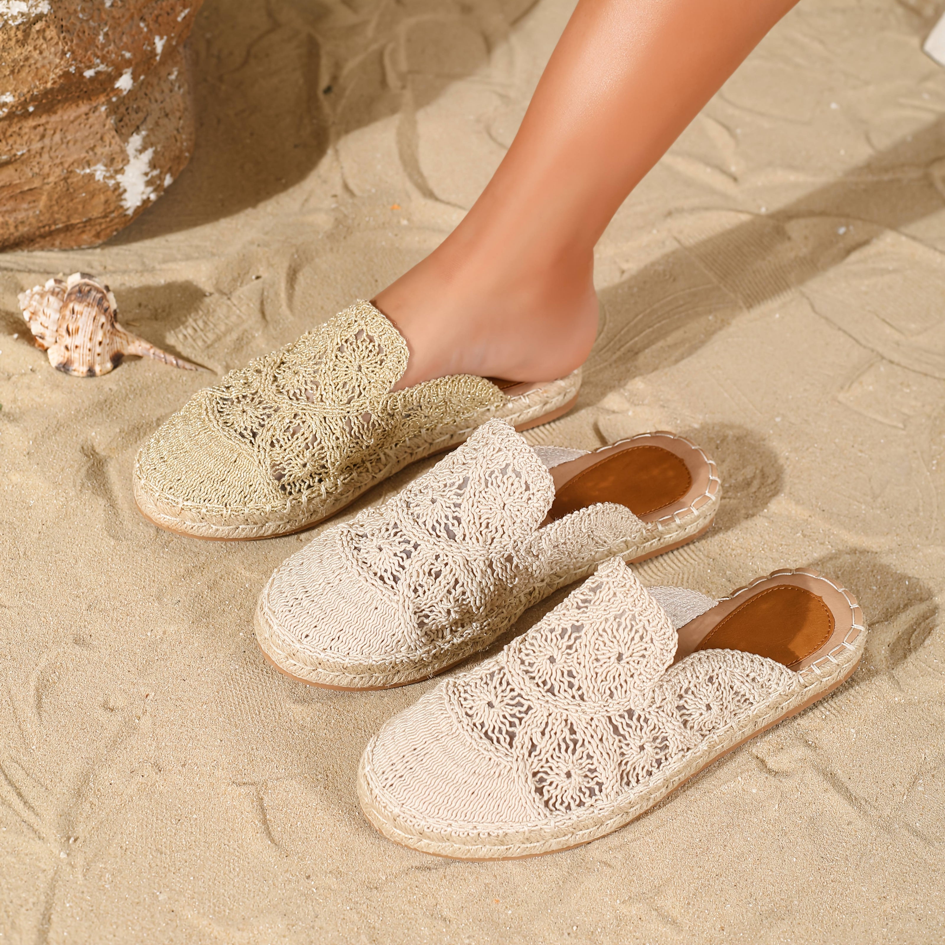 Women's Mesh Flat Slip-On Shoes Casual Vacation Straw Sole Sandals