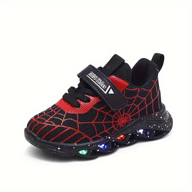 Boys LED Sneakers Rubber Sole Mesh Casual Shoes with Spider Web Design in Red and Blue