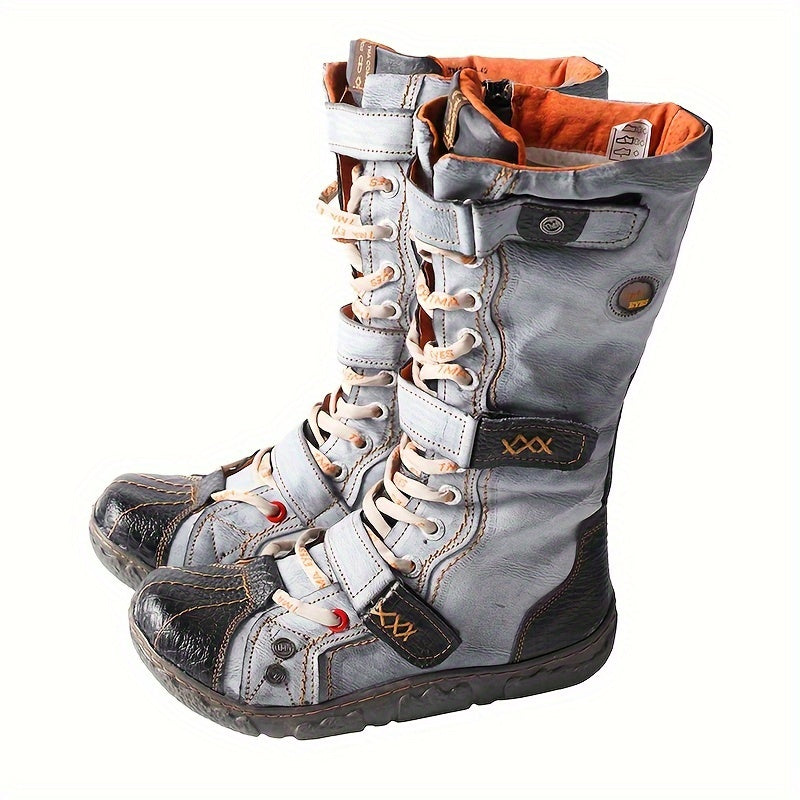 Women's Retro Leather Mid Heel Boots Lace Up Side Zipper Casual