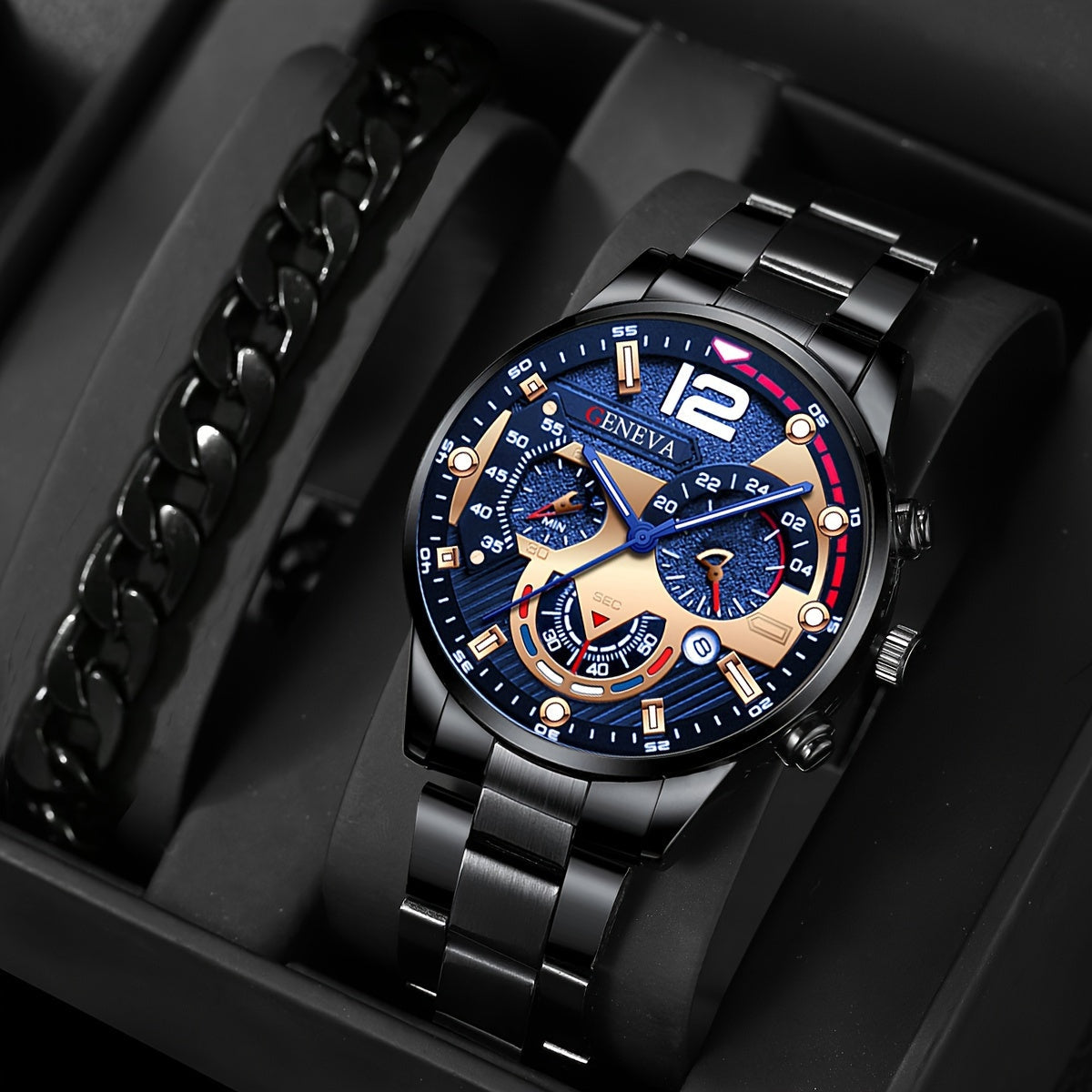 Men's Stainless Steel Quartz Watch with Calendar and Business Bracelet