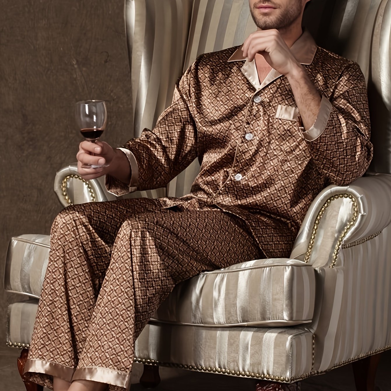 Men's Vintage Geometric Print Pajama Set Long Sleeve Trousers Lounge Wear Polyester