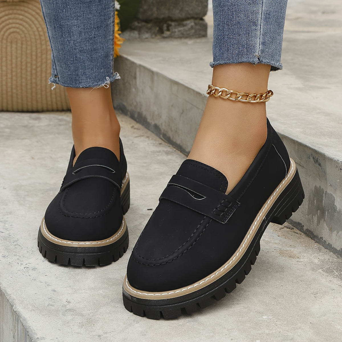 Women Vintage Penny Loafers Faux Leather Casual Slip-On Round Toe Durable EVA Sole