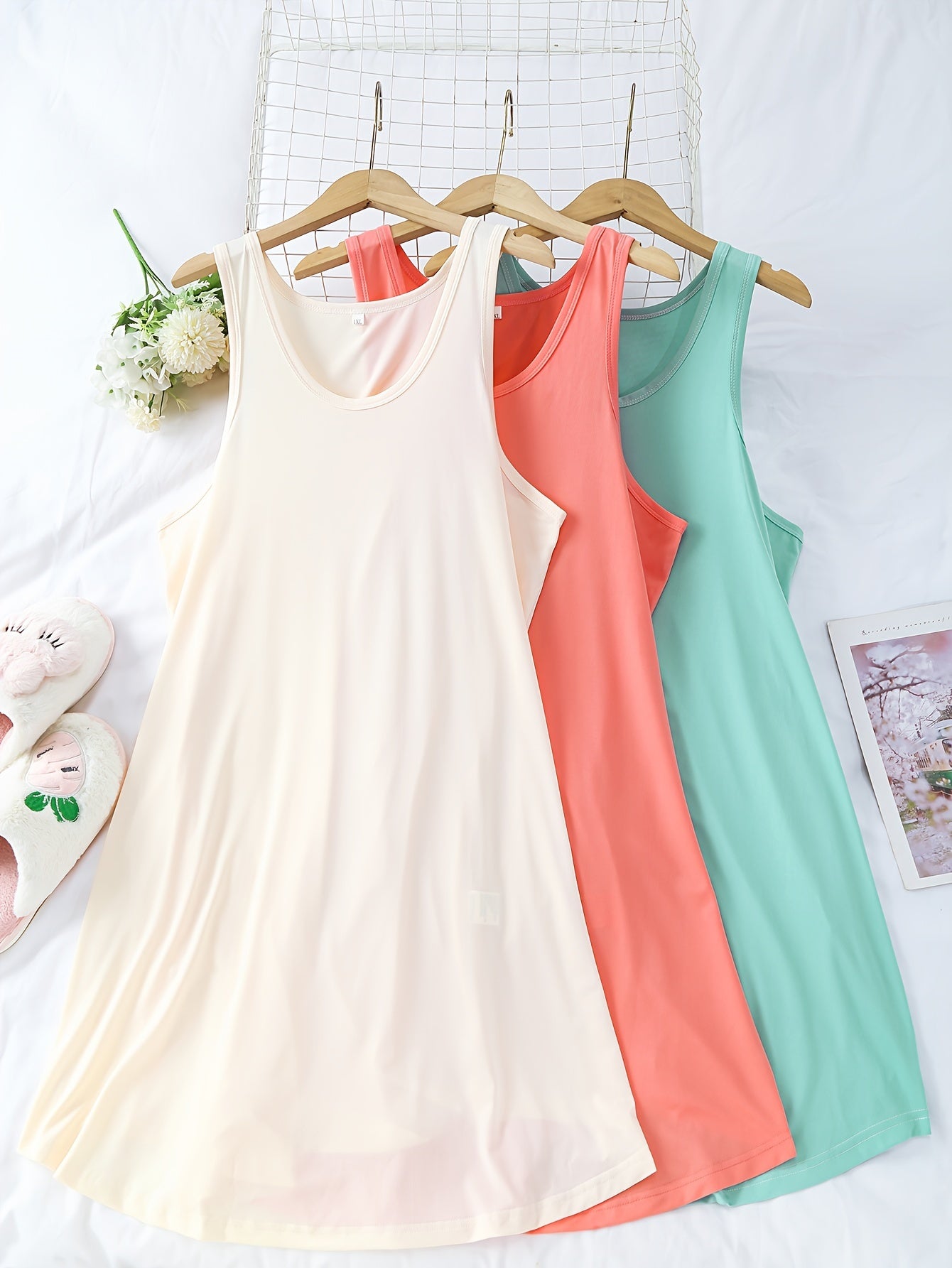 Mujeres camisón de noche de color sólido con cuello redondo, pack de 3, poliéster elastano