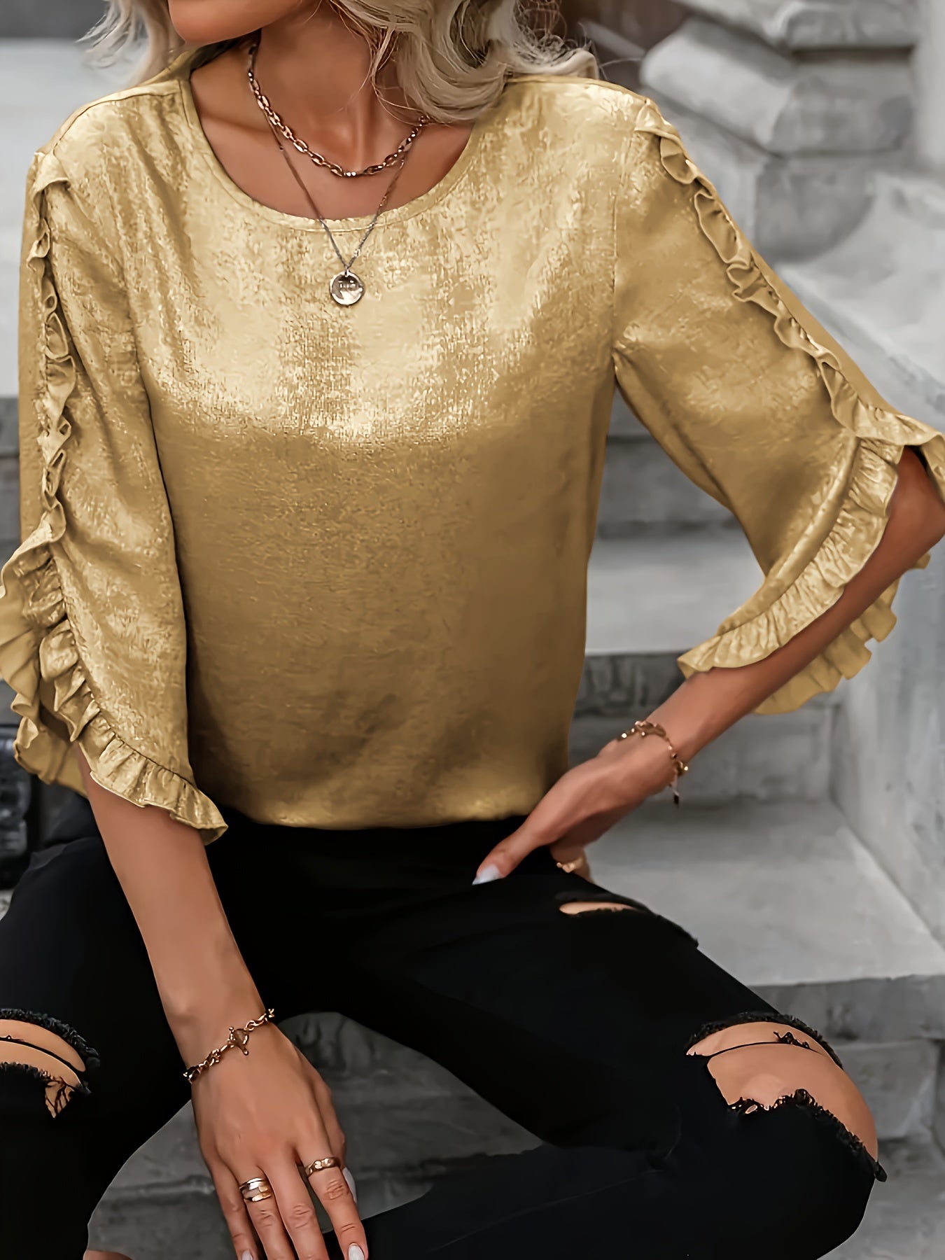 Plus Size Ruffle Detail Blouse with Crew Neck Short Sleeves Polyester Elastane for Spring Fall