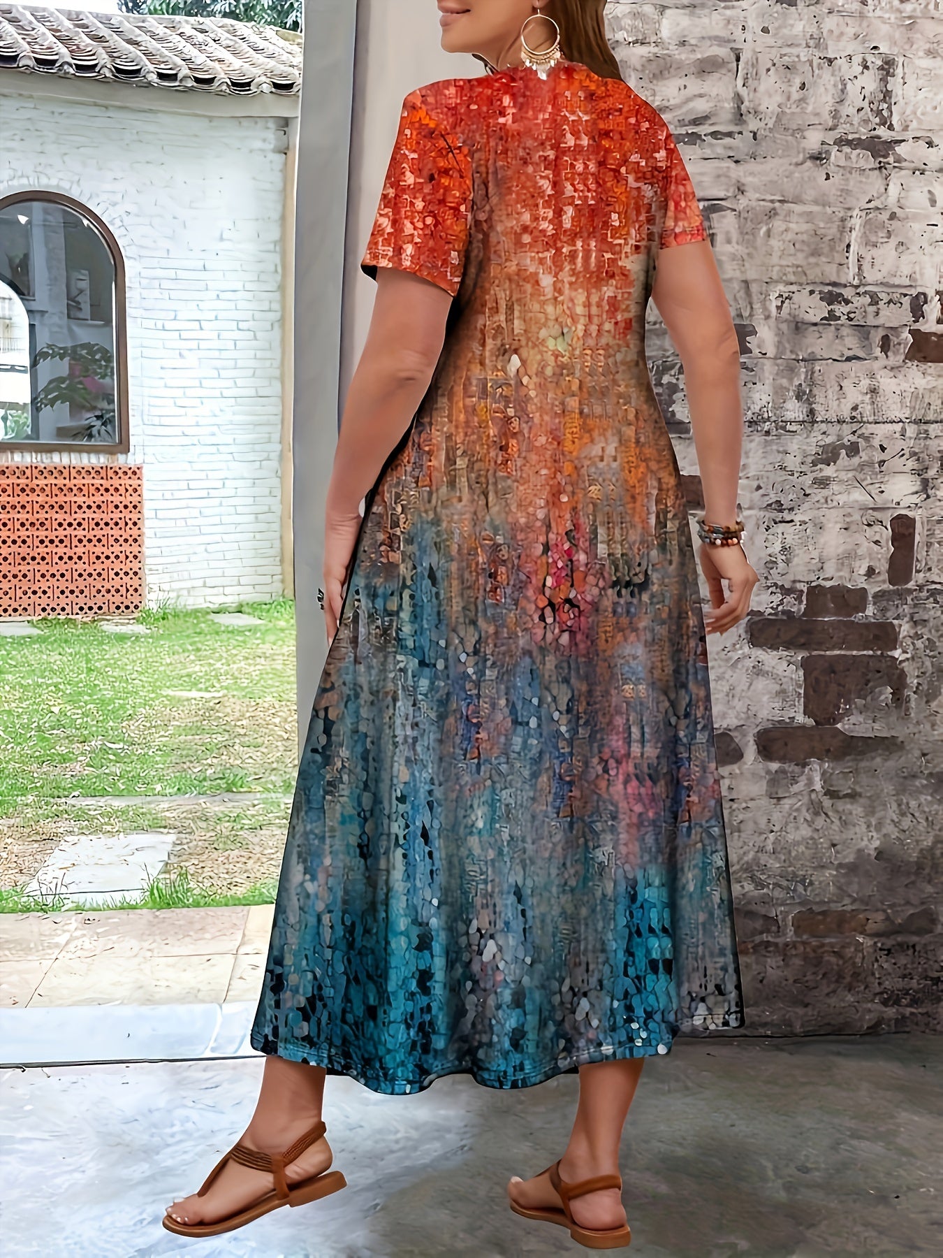 Платье большого размера с всеобъемлющим принтом, длинное, с V-образным вырезом, короткими рукавами, повседневное для весны и лета