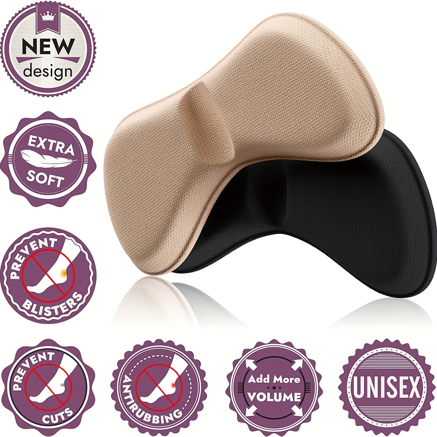 Unisex Soft Heel Pads Self-Adhesive Cushion Inserts for Shoes Black Nude