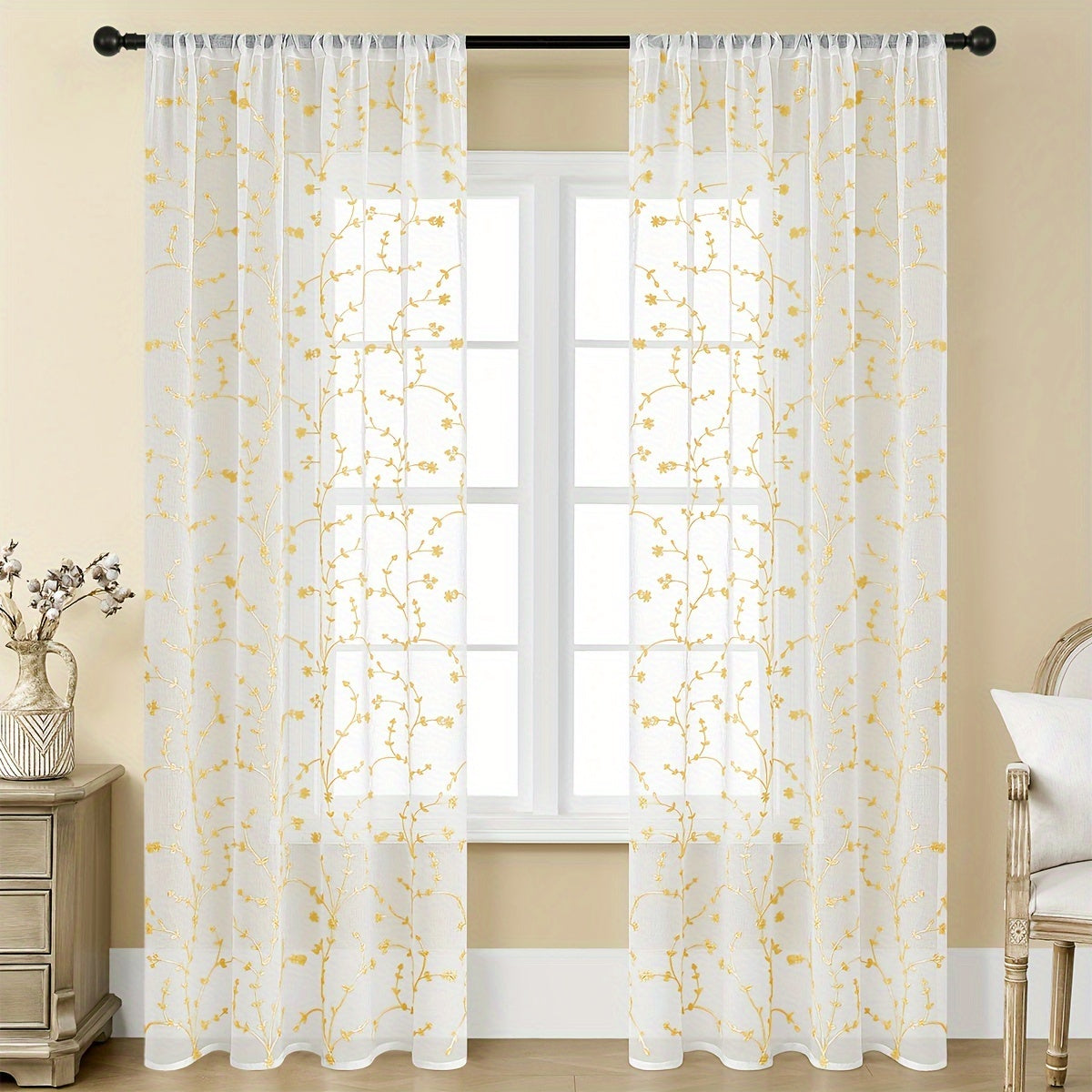 Pair Of Transparent Gauze Curtains With Floral Embroidery For Living Room Bedroom Outdoor