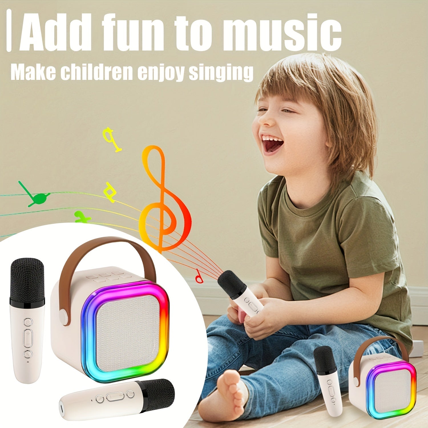 Wireless Karaoke Machine for Kids and Adults with Dual Microphones Lights USB Rechargeable Pink or Cream