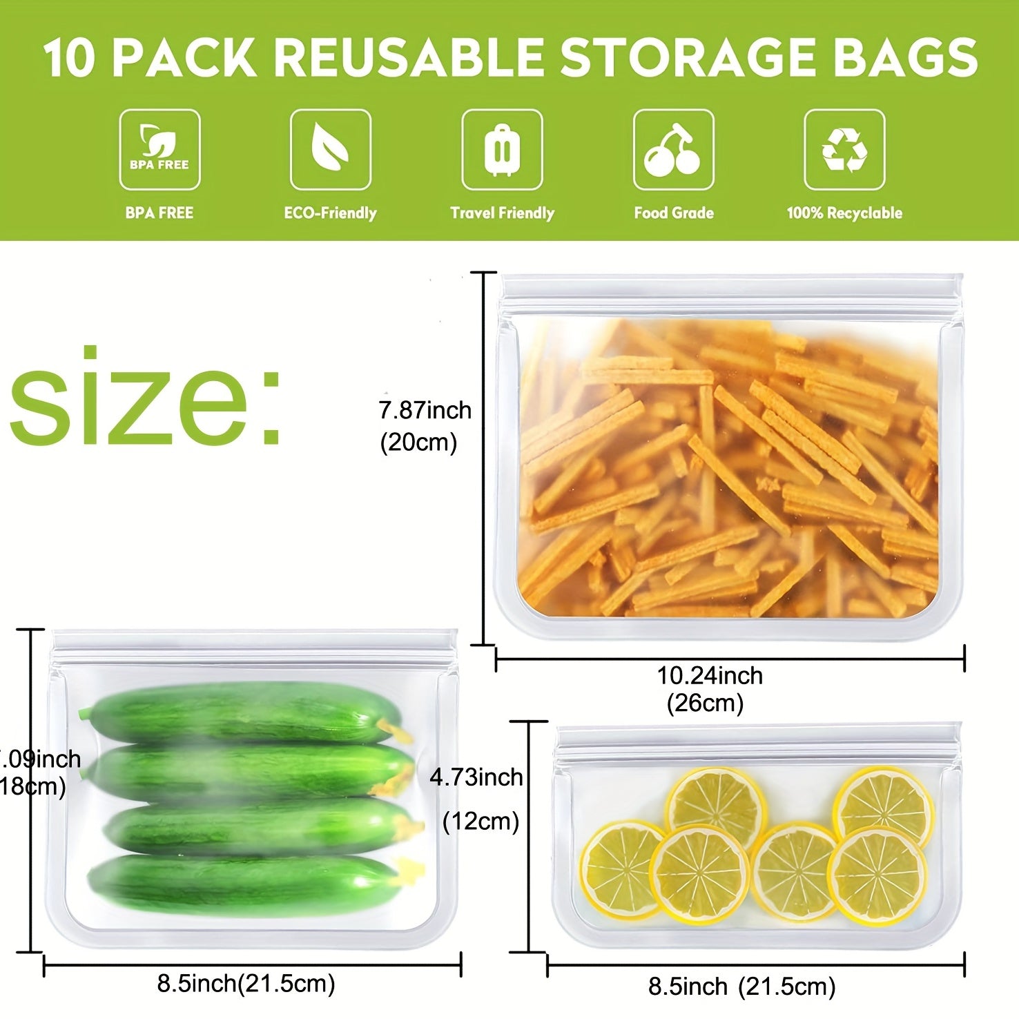 Reusable Silicone and Plastic Free Freezer Bags Set of 10 Leakproof BPA-Free Food Storage Bags for Meat Snacks and Organizing