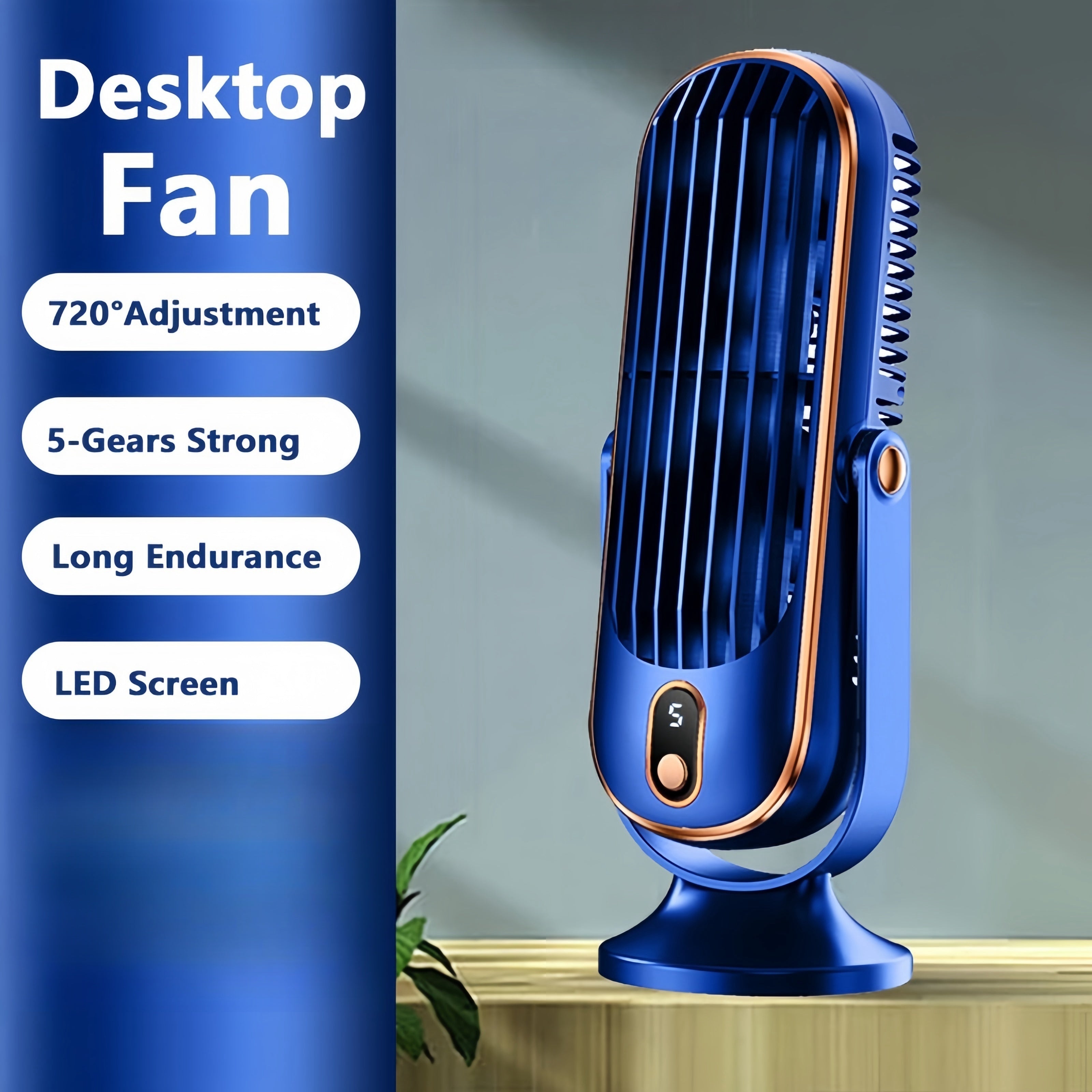 Compact USB rechargeable desk fan with dual blades 5-speed control for office bedroom use