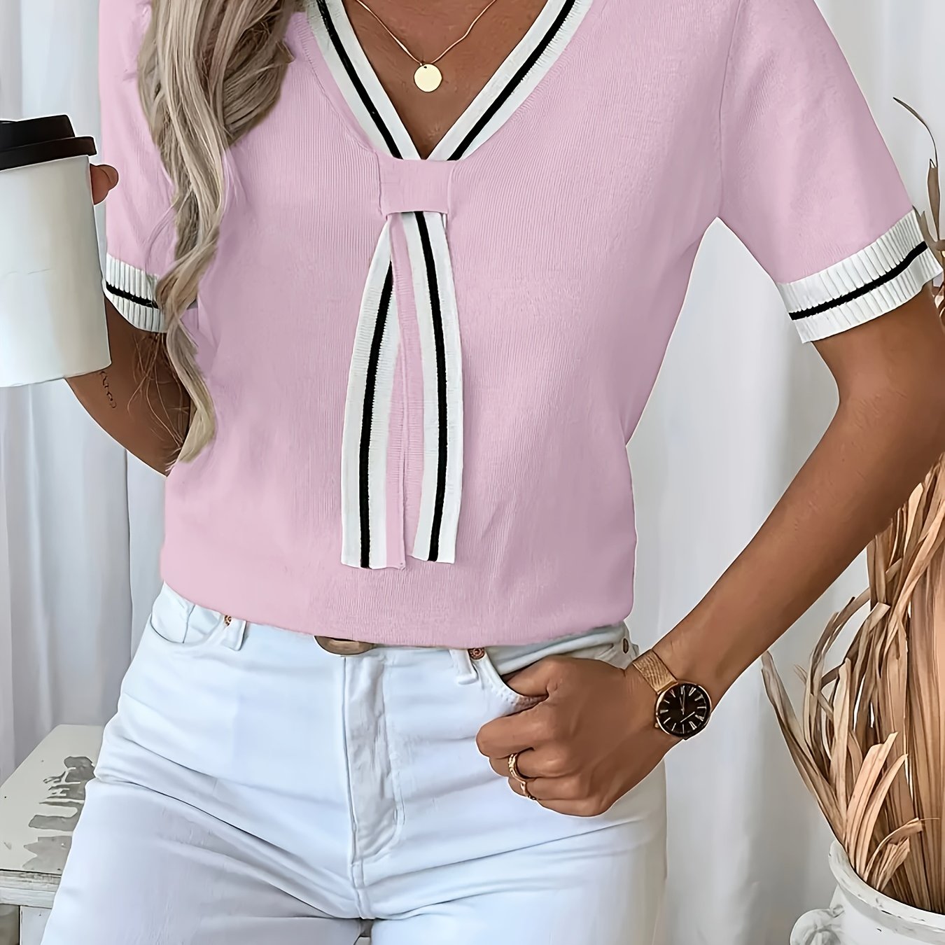 Plus Size Women's V-Neck Blouse Short Sleeve Light Pink Casual Stretch