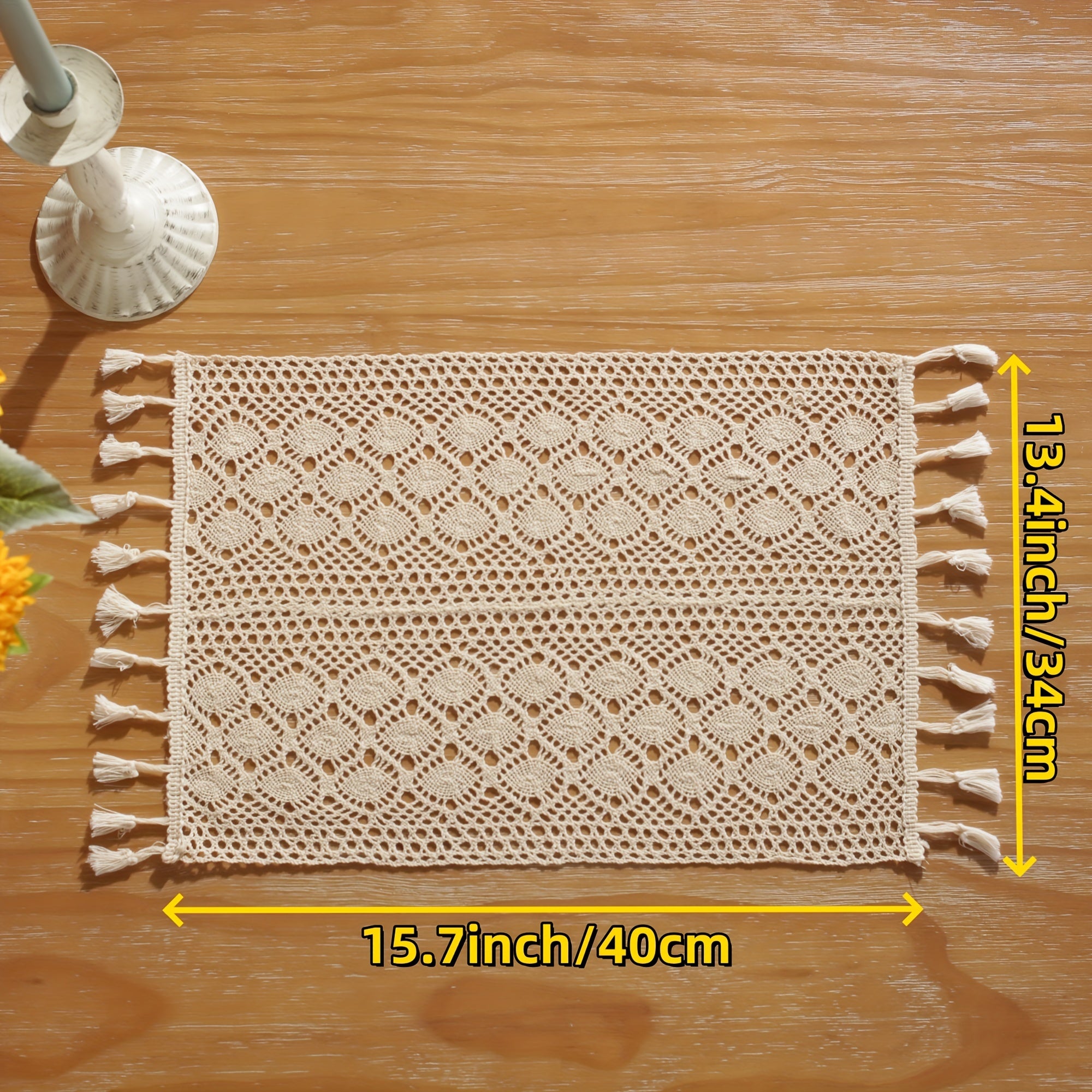 Beige Cotton Linen Crochet Table Runner with Geometric Rhombus Pattern