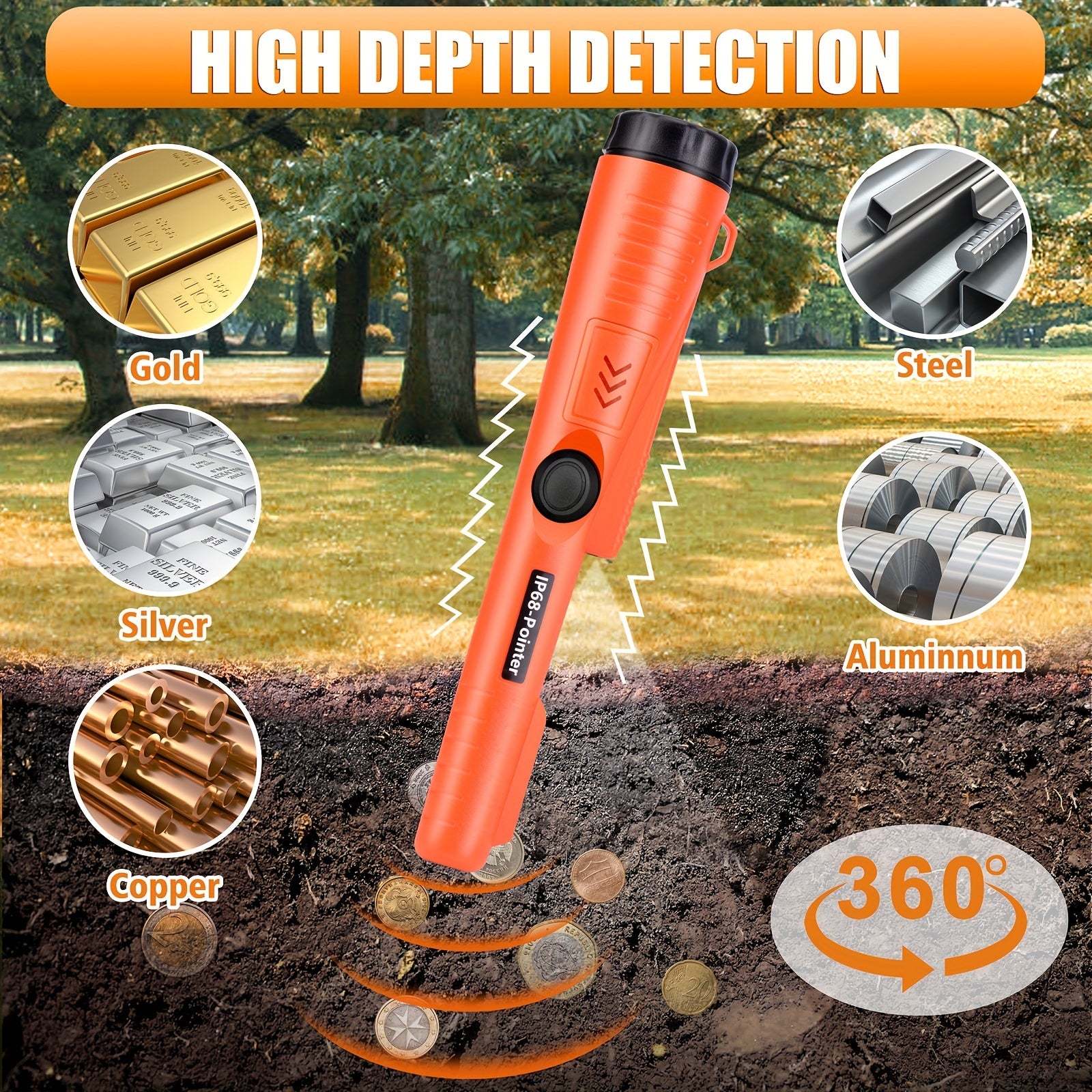 Handheld Metal Detector Pinpointer with 360° High Sensitivity Portable Sand Shovel Battery Powered
