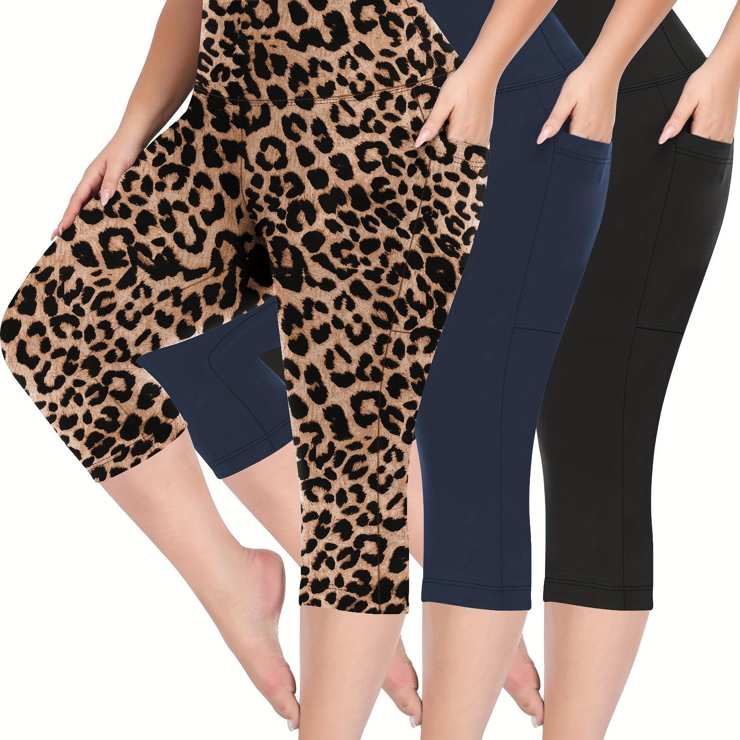 Plus Size High-Waisted Shorts Set With Pockets Stretch Fabric Summer Leopard