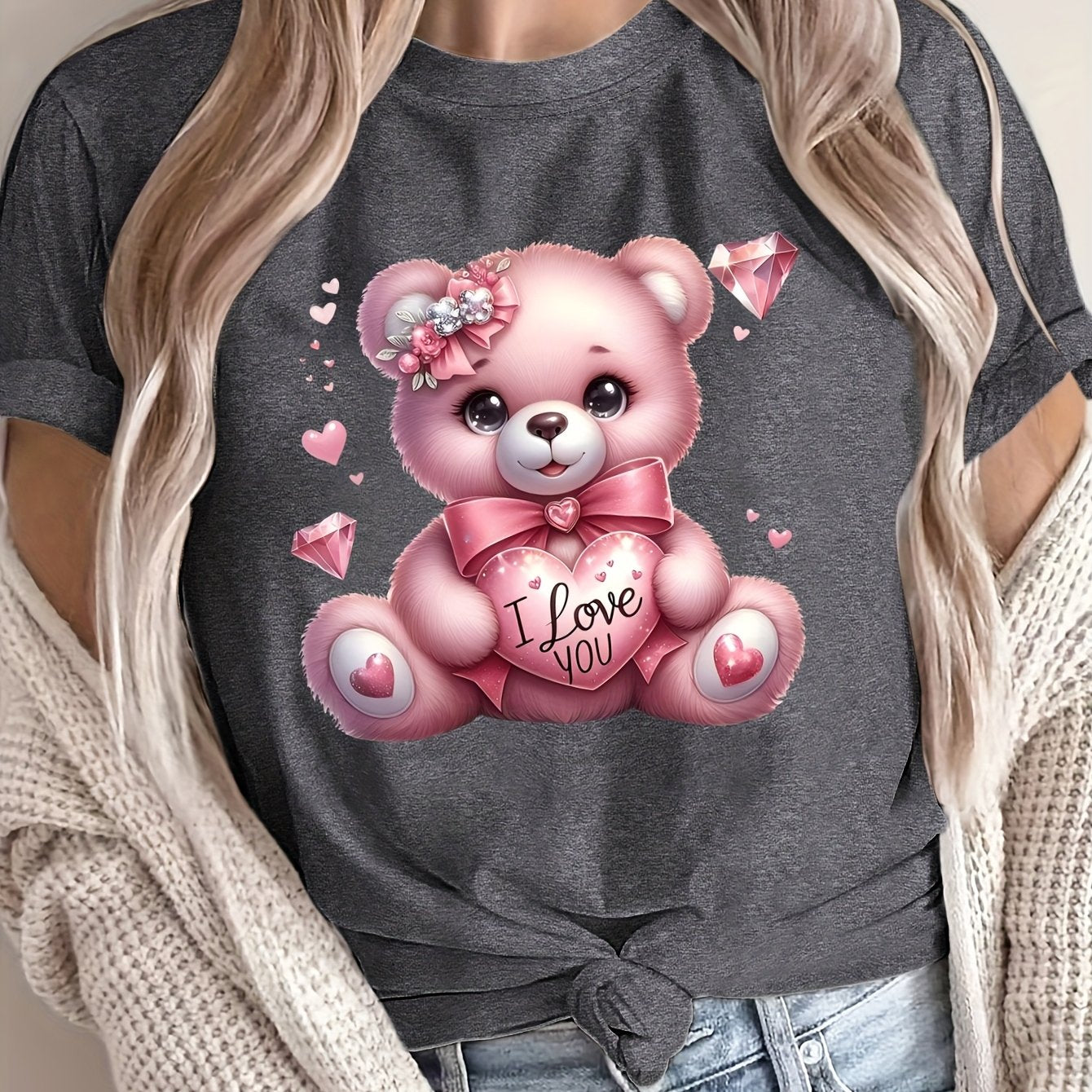 Women's Casual Crew Neck T-Shirt with Cartoon Bear Print Polyester Breathable All-Season