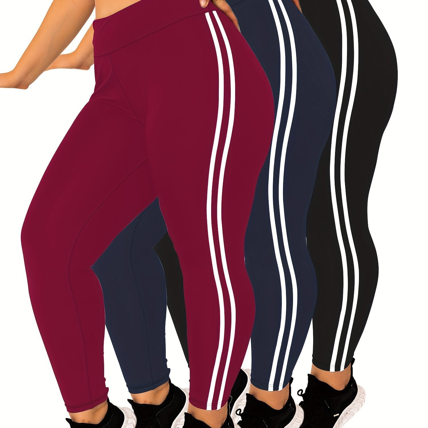 Plus Size High Waist Skinny Leggings Polyester Knit Solid Color Side Stripes All-Season Yoga Pants