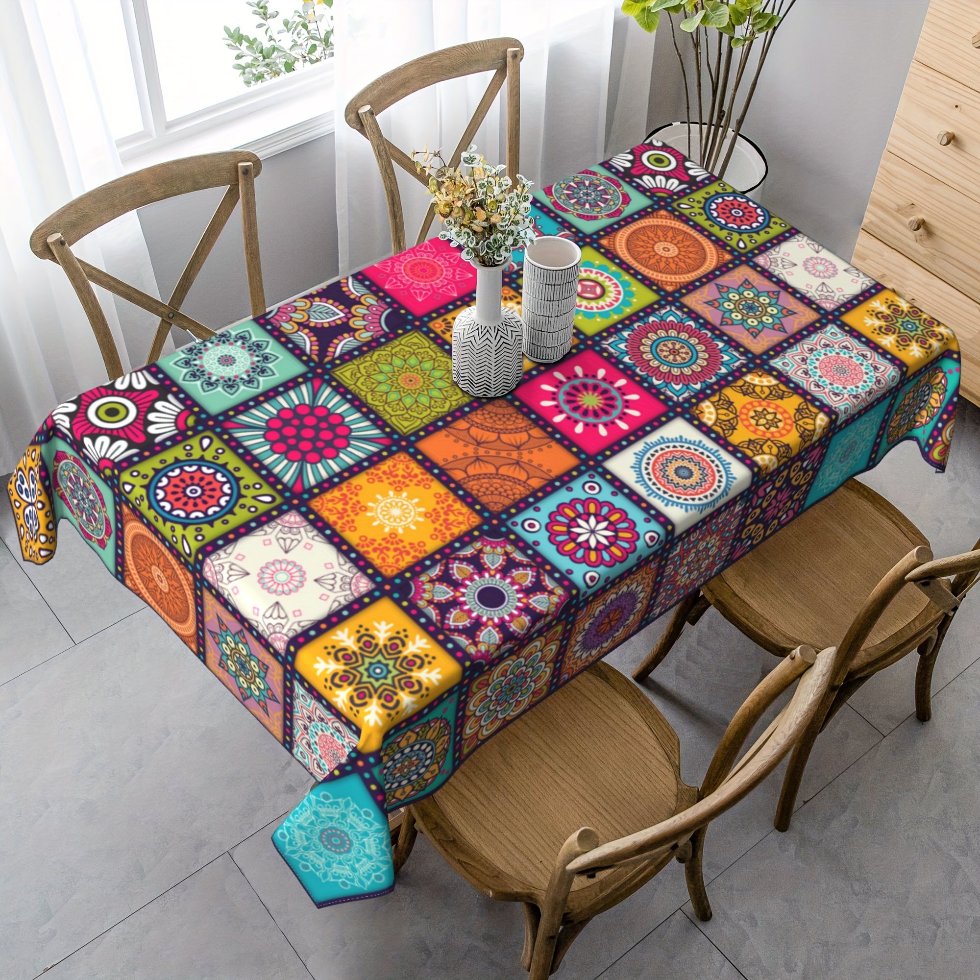 Rectangular Bohemian Mandala Tablecloth Colorful Indian Festival Decor 60x80 Inches