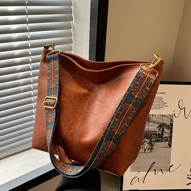 Ethnic Style Wide Band Vintage PU Shoulder Bag Large Capacity Tote for Commuter