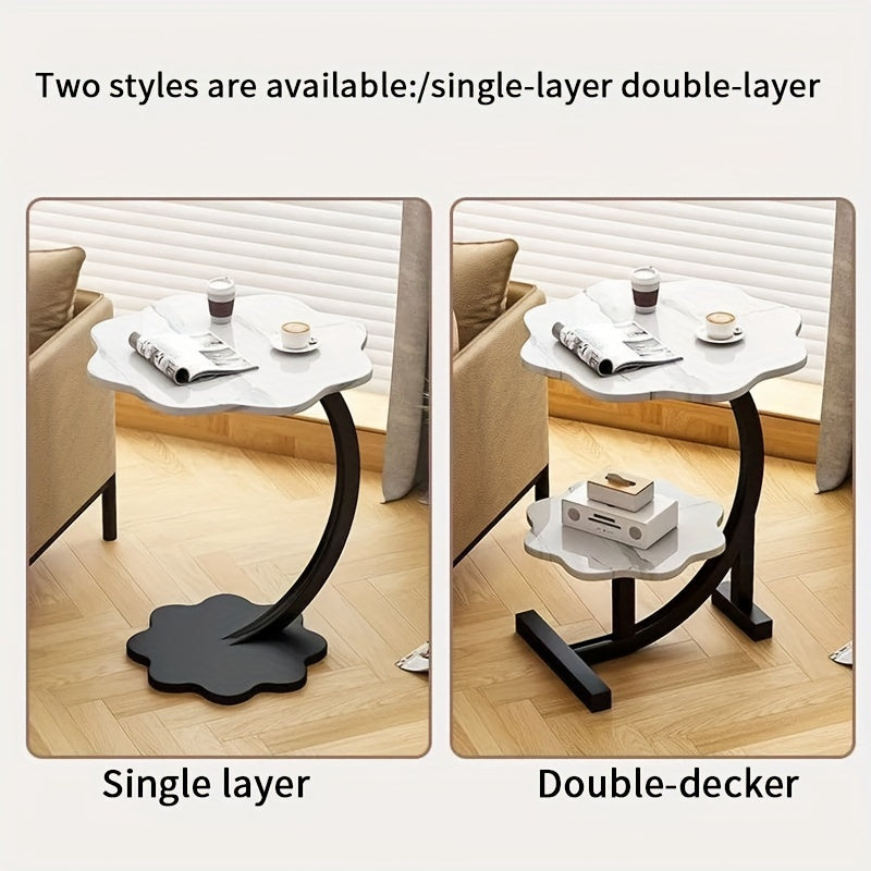 Mesa lateral en forma de pétalo de madera y metal, estilo art déco, doble capa, para sala de estar y dormitorio