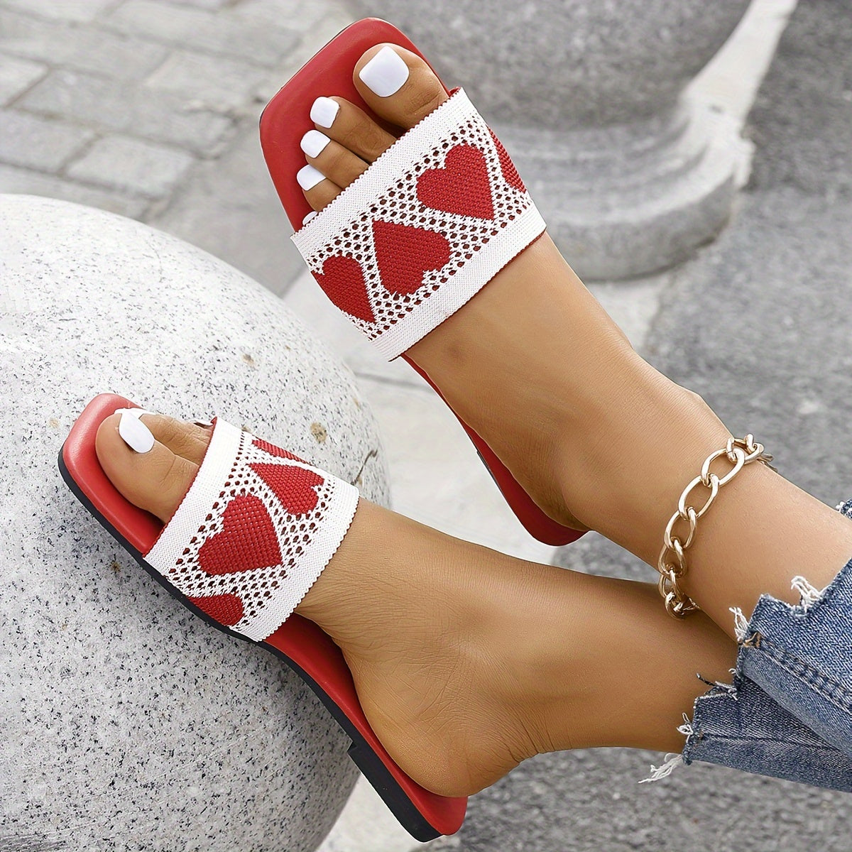 Women's Heart Decor Slide Sandals Casual Flat Summer Shoes