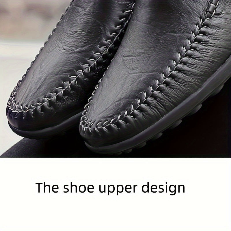 Men's Cowhide Leather Slip-On Loafers Casual Rubber Bottom Shoes All-Season