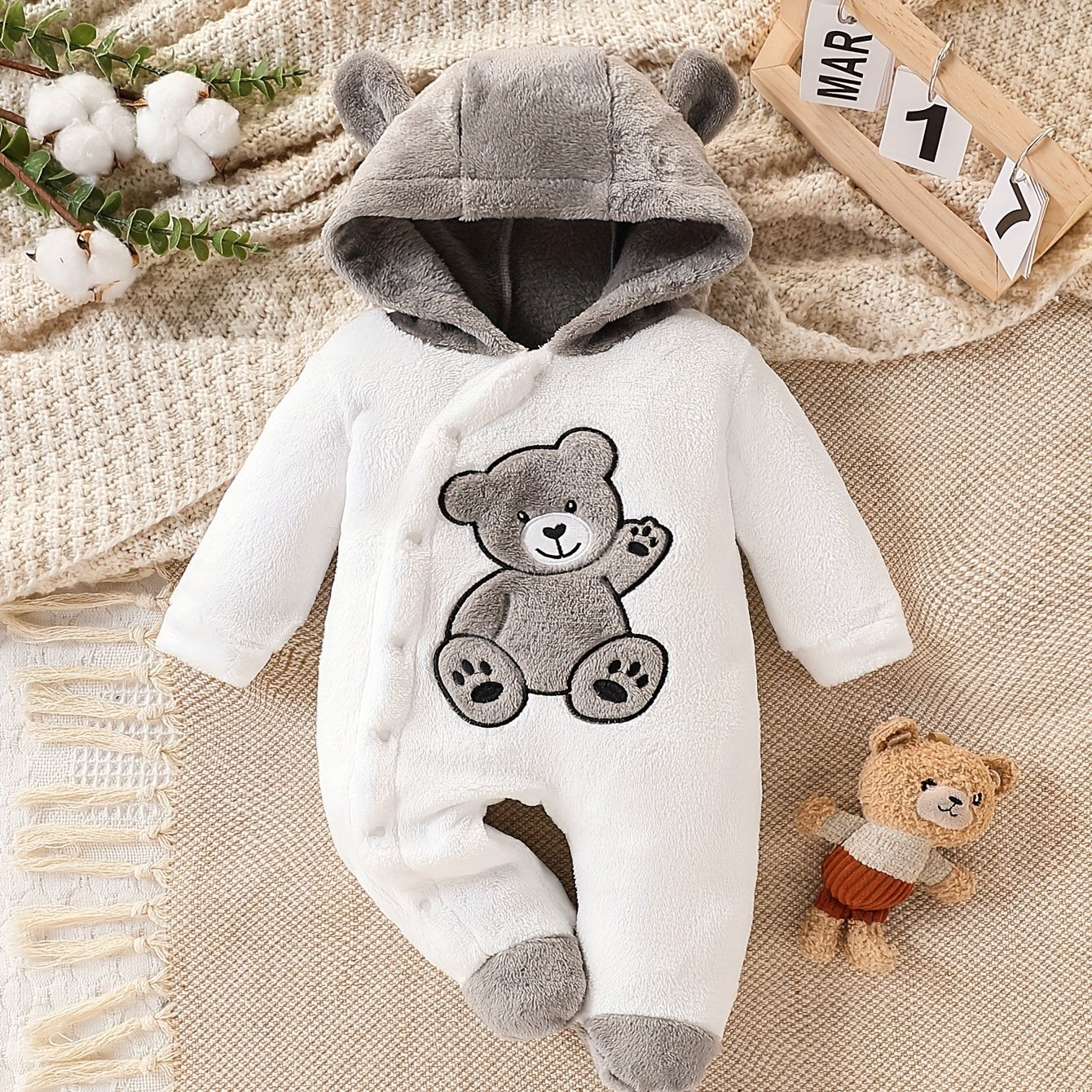 Baby Boys Winter Plush Footed Bodysuit with Animal Pattern and Warm Knit Fabric