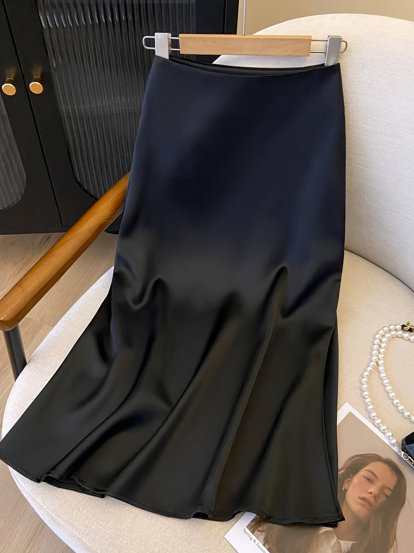 Women's High Waist Satin Midi Skirt Solid Color Elegant All Seasons