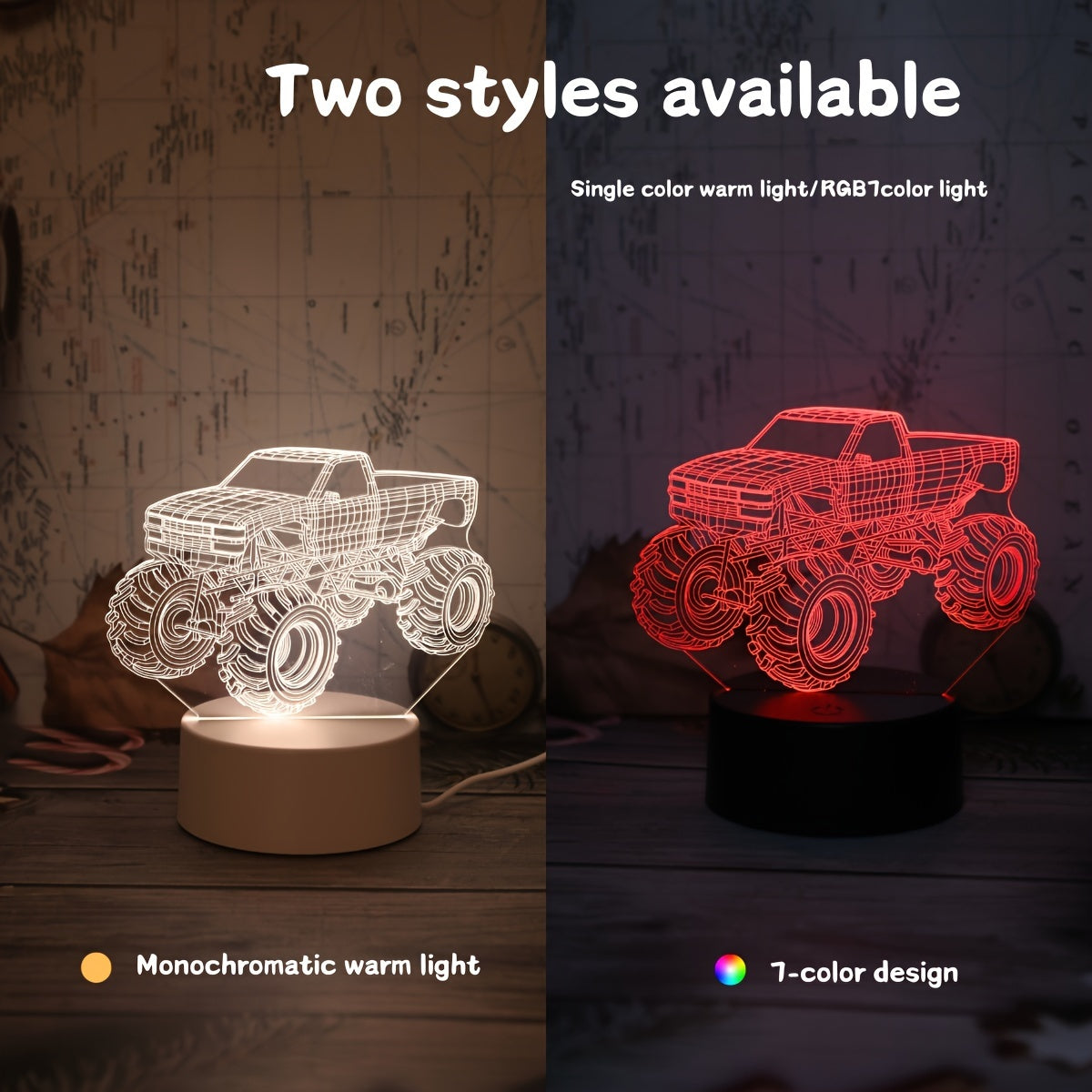 Modern Monster Truck 3D Illusion Table Lamp Touch Control USB Desk Night Light