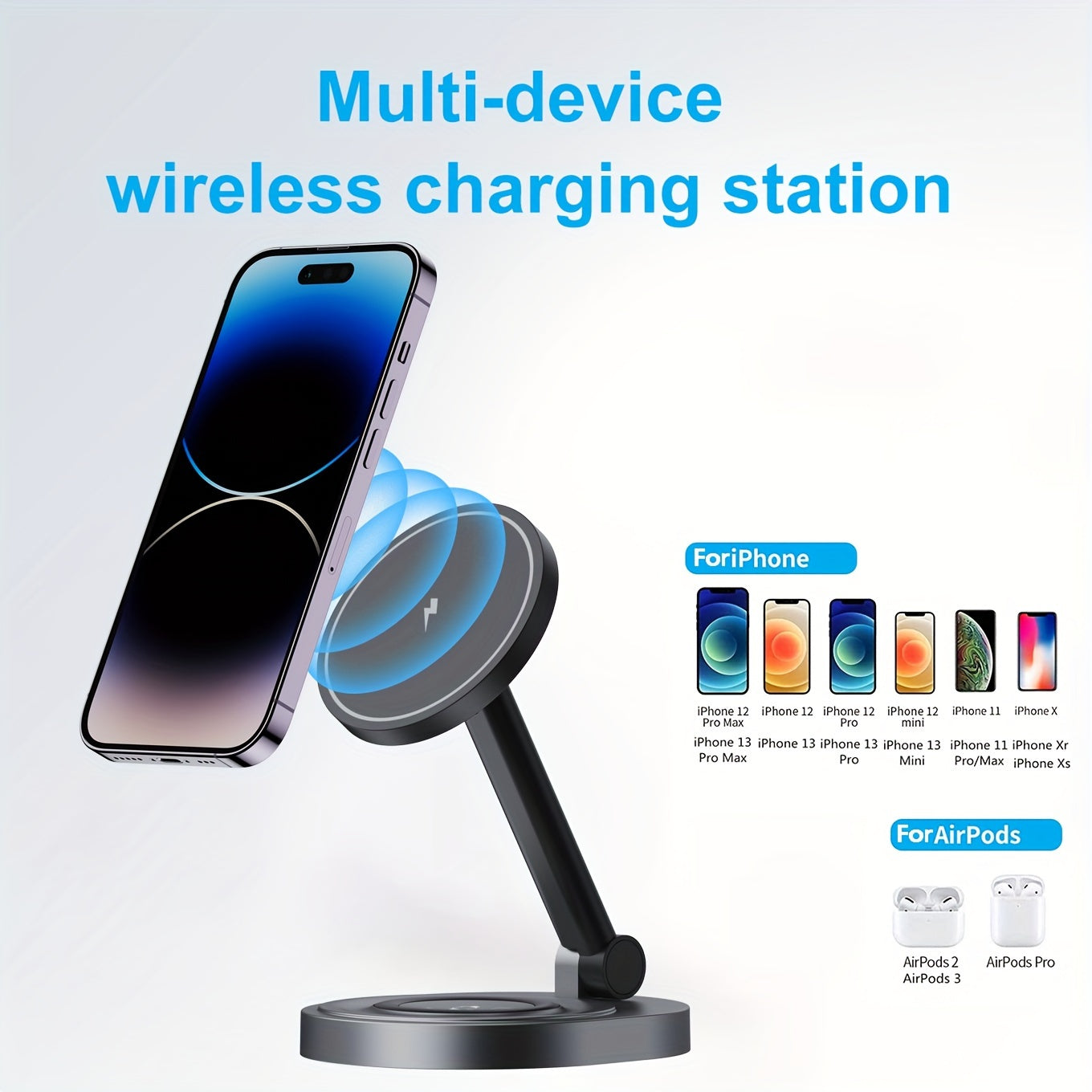2-in-1 Magnetic Wireless Charger Stand for iPhone and AirPods 15W Fast Charging