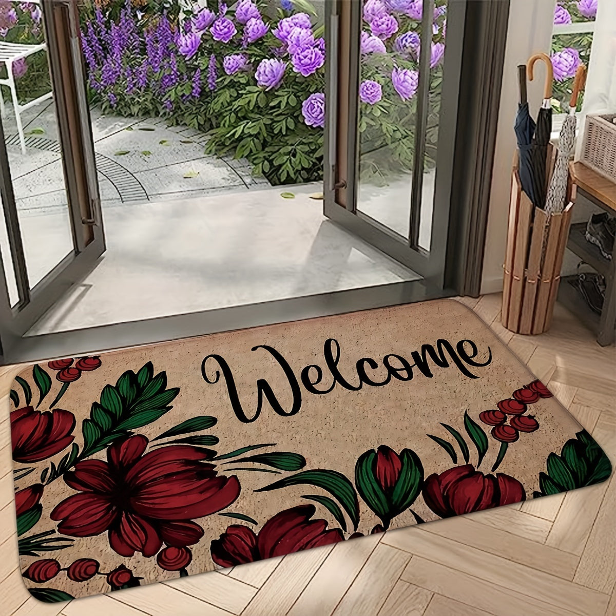 Red Flower Welcome Door Mat, Indoor Outdoor, Non-Slip, Medium Pile