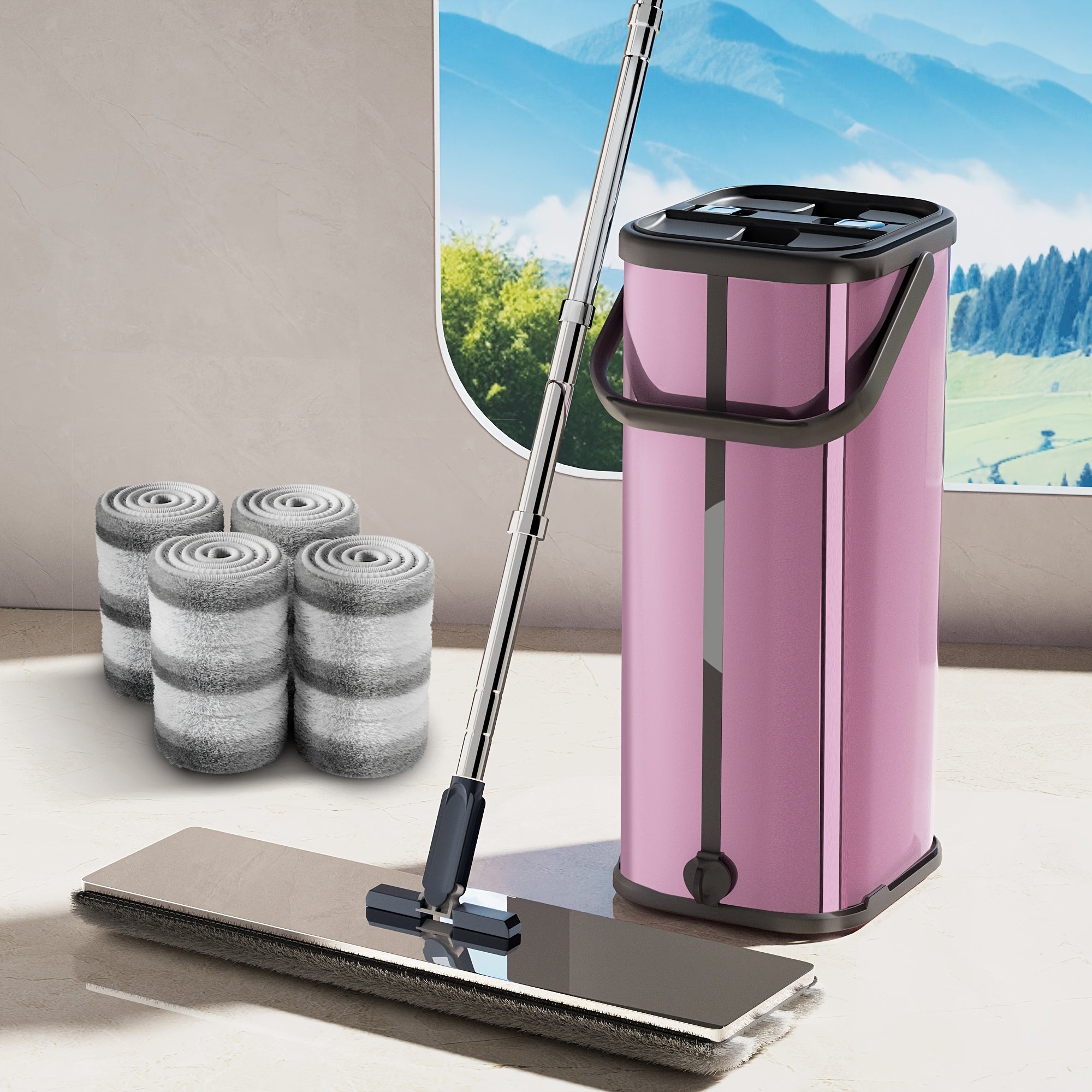 Stainless Steel Flat Mop and Bucket Set with Wash & Dry Technology for Multi-Surface Cleaning