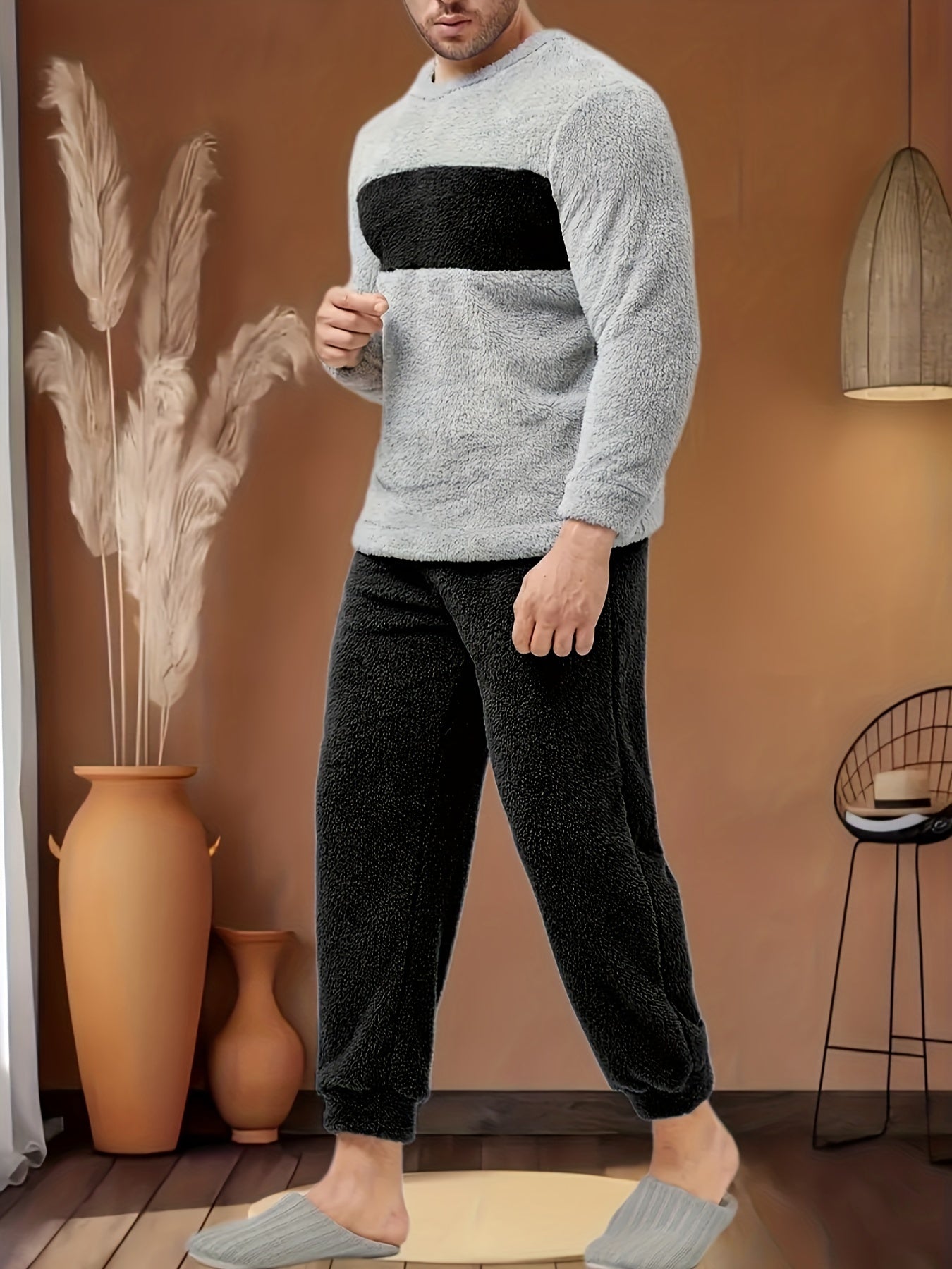 Men's Winter Flannel Pajama Set with Drawstring Loose Fit Crew Neck Polyester Knit