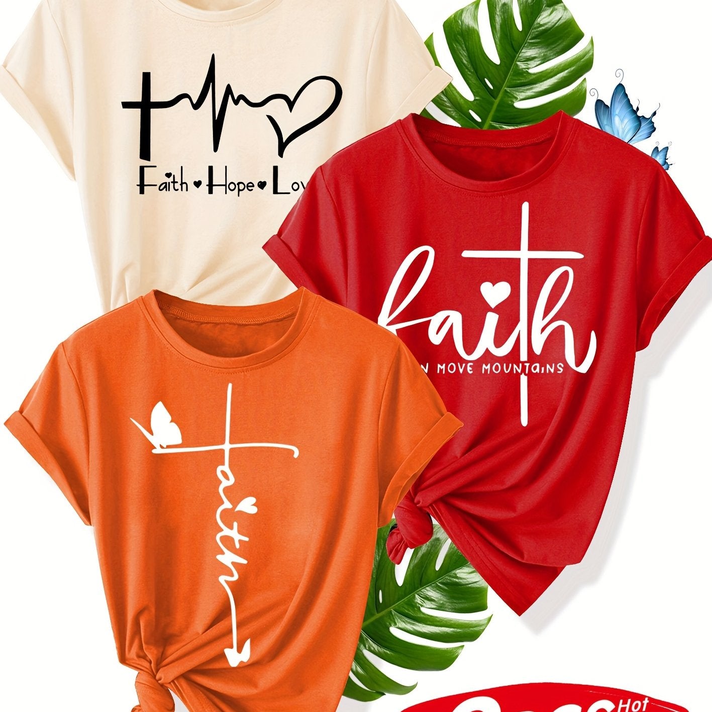 Pack de 3 camisetas gráficas de fe para mujer de manga corta con cruz y corazón para verano casual