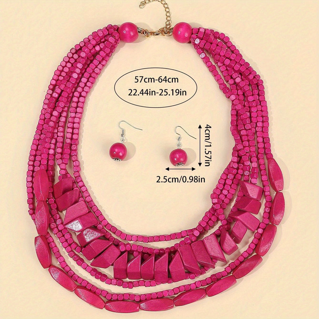 Bohemian Wooden Jewelry Set with Necklace Earrings and Chain in Multiple Colors