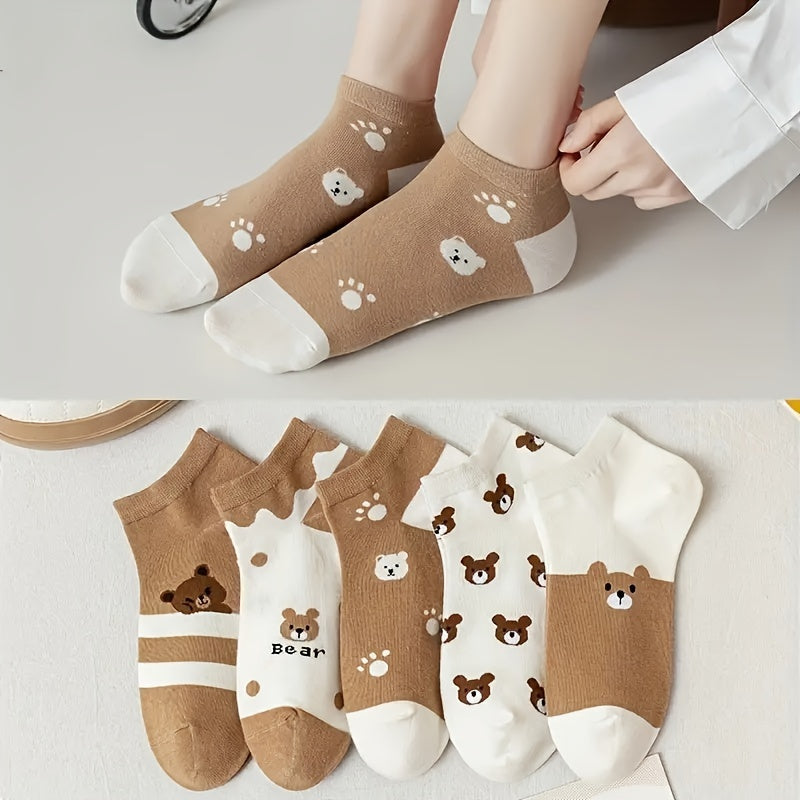 Women's Ankle Socks 5 Pairs Cute Bear Pattern Lightweight Polyester Spandex
