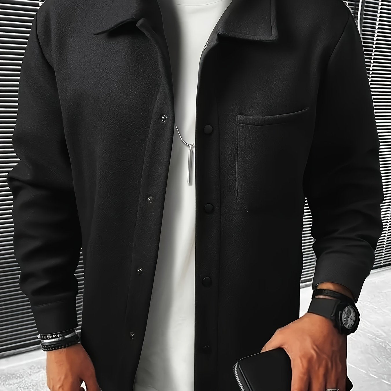 Men's Plus-Size Casual Wool Blend Jacket with Front Pocket and Turn-Down Collar